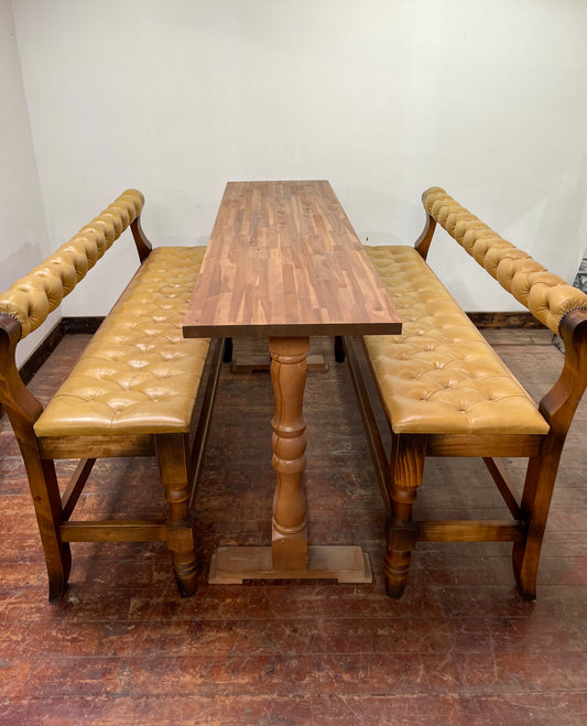 Set of 2 x long tan leather benches and tall pub table