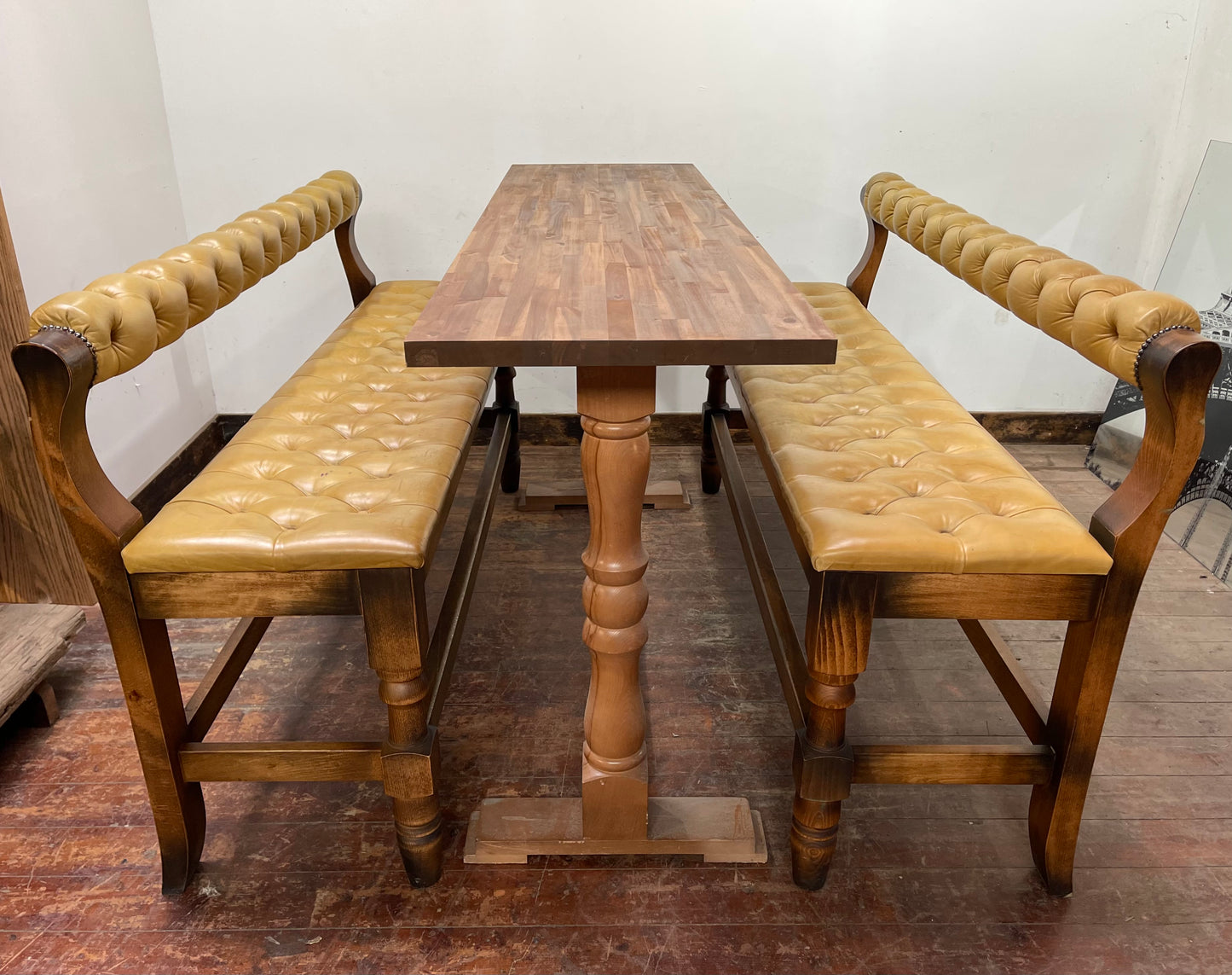 Set of 2 x long tan leather benches and tall pub table