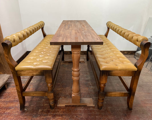 Set of 2 x long tan leather benches and tall pub table