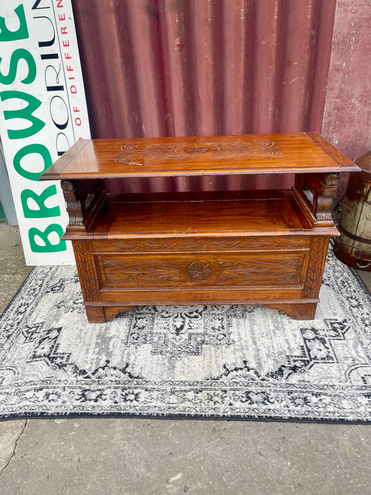 Genuine Antique Carved Oak Monk’s Bench Settle Storage Seat Hall Bench