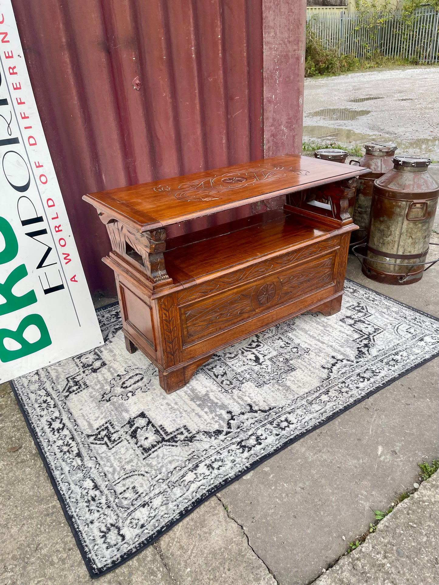 Genuine Antique Carved Oak Monk’s Bench Settle Storage Seat Hall Bench
