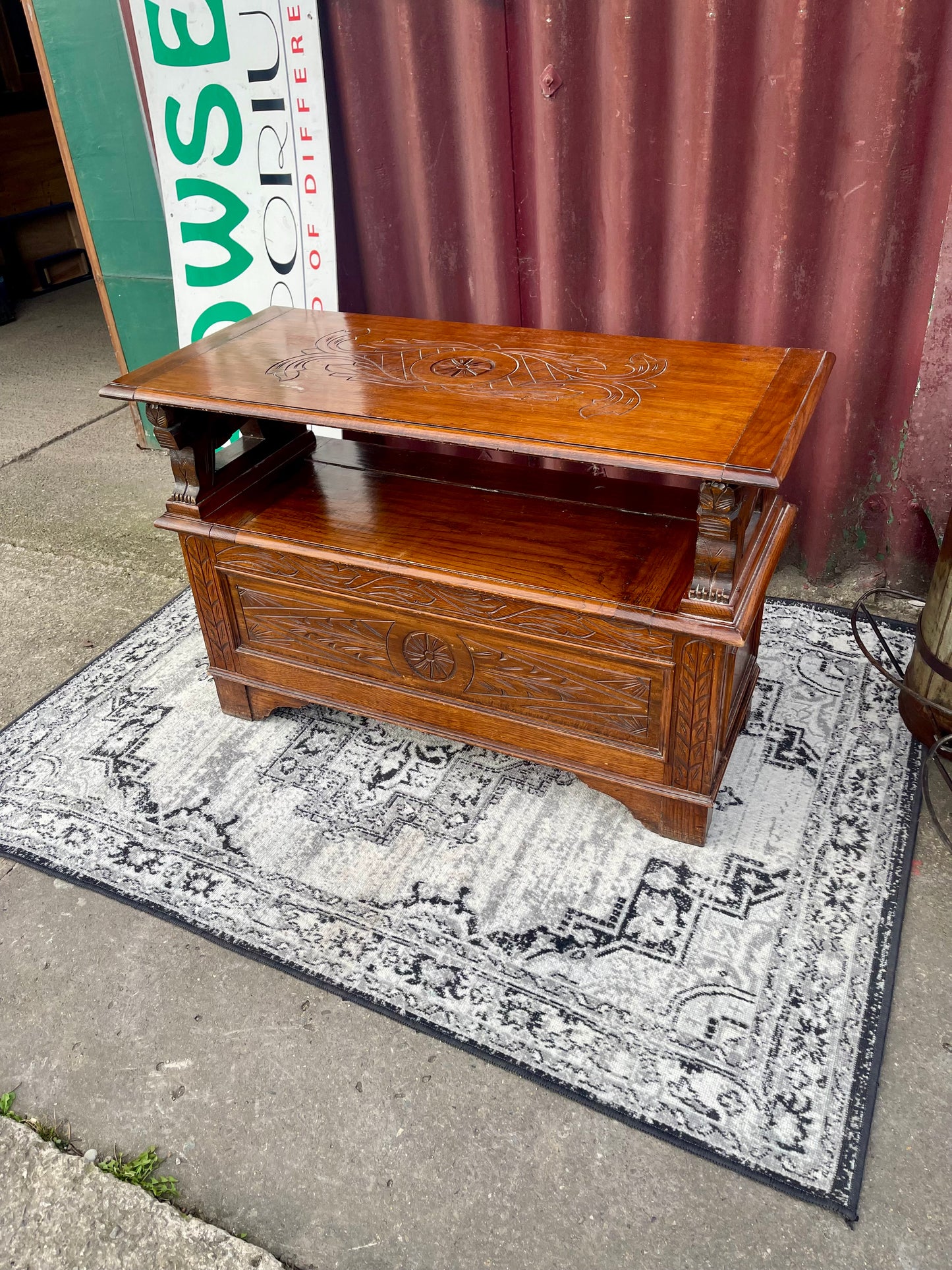 Genuine Antique Carved Oak Monk’s Bench Settle Storage Seat Hall Bench