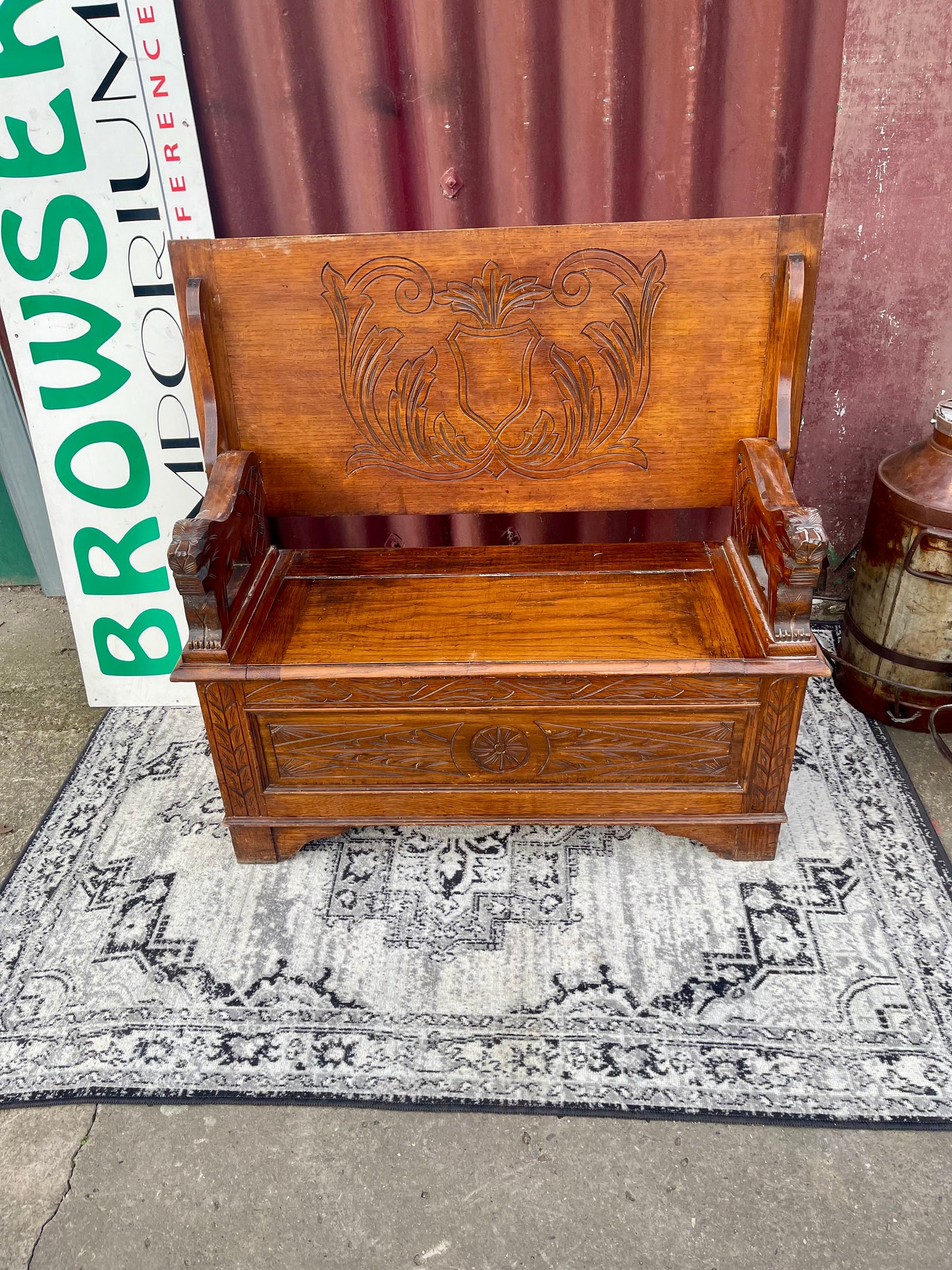 Genuine Antique Carved Oak Monk’s Bench Settle Storage Seat Hall Bench