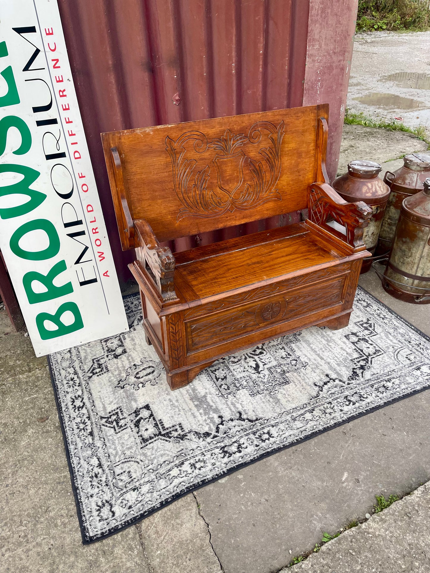 Genuine Antique Carved Oak Monk’s Bench Settle Storage Seat Hall Bench