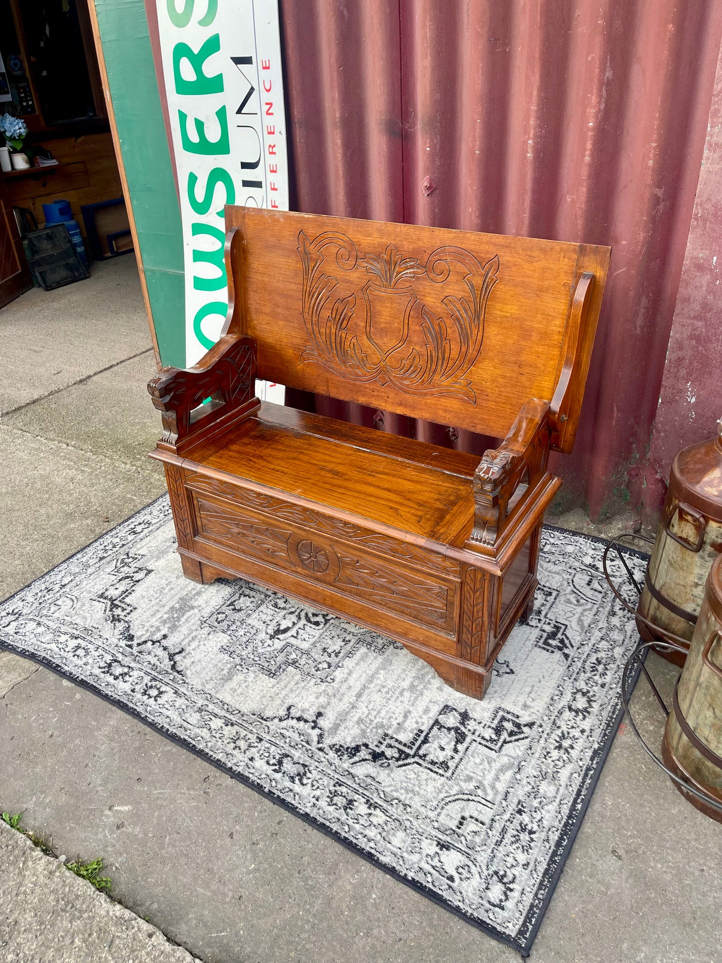 Genuine Antique Carved Oak Monk’s Bench Settle Storage Seat Hall Bench