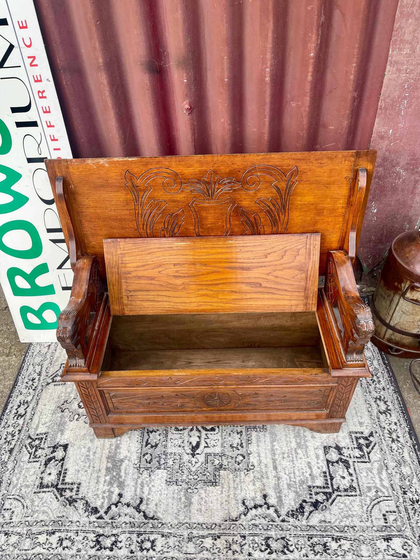 Genuine Antique Carved Oak Monk’s Bench Settle Storage Seat Hall Bench