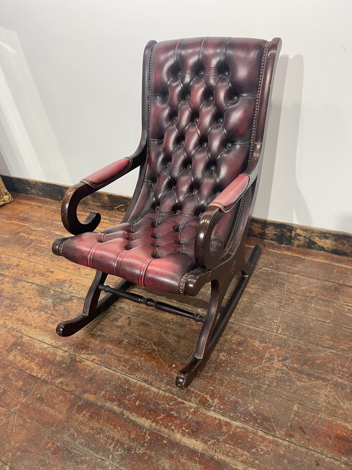 Burgundy Leather Button Back Rocking Chair Wooden Arms