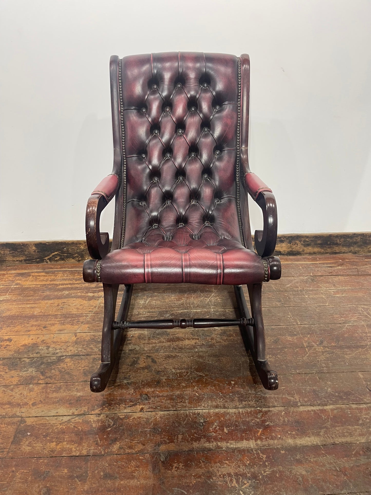 Burgundy Leather Button Back Rocking Chair Wooden Arms