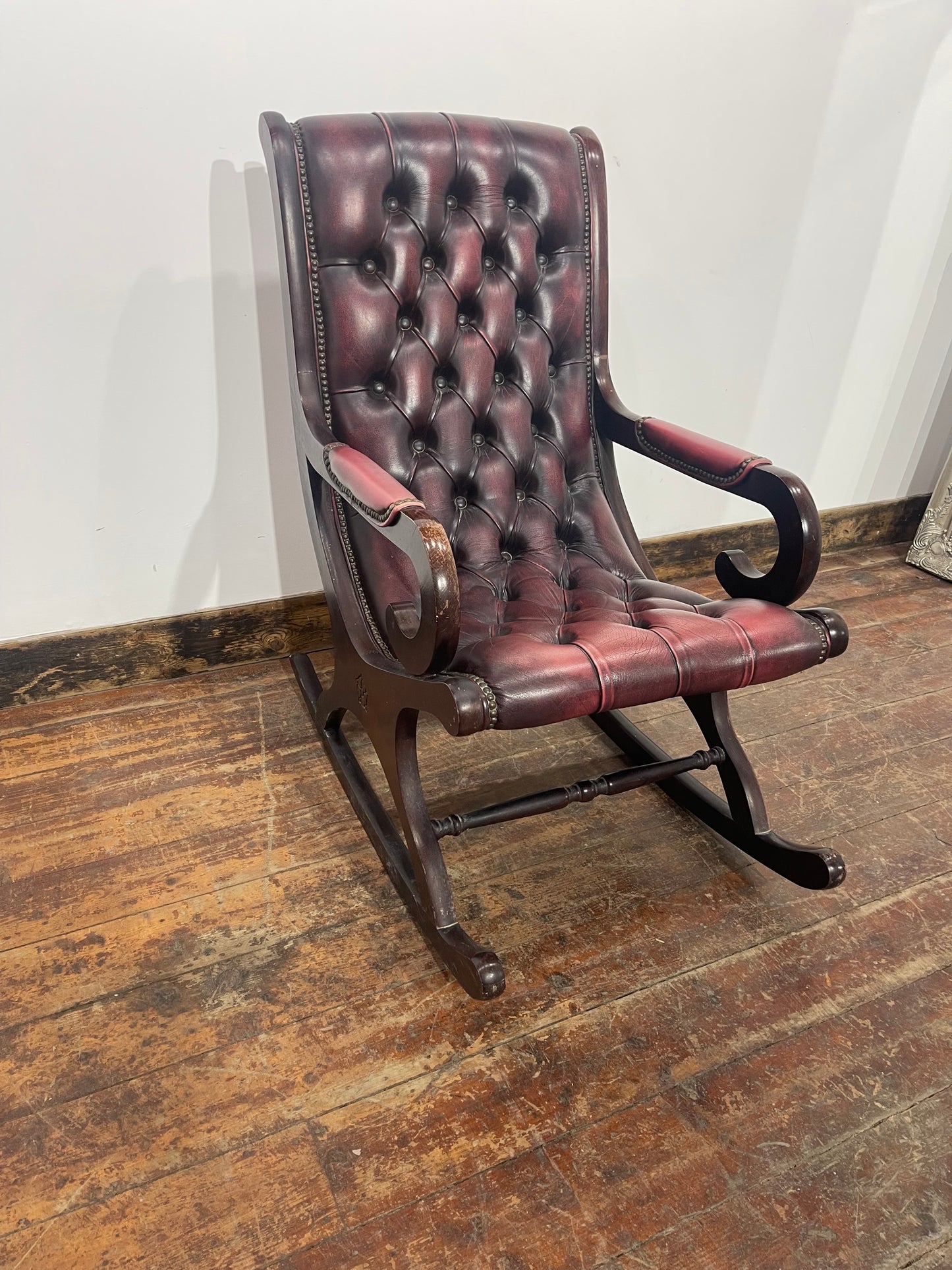 Burgundy Leather Button Back Rocking Chair Wooden Arms