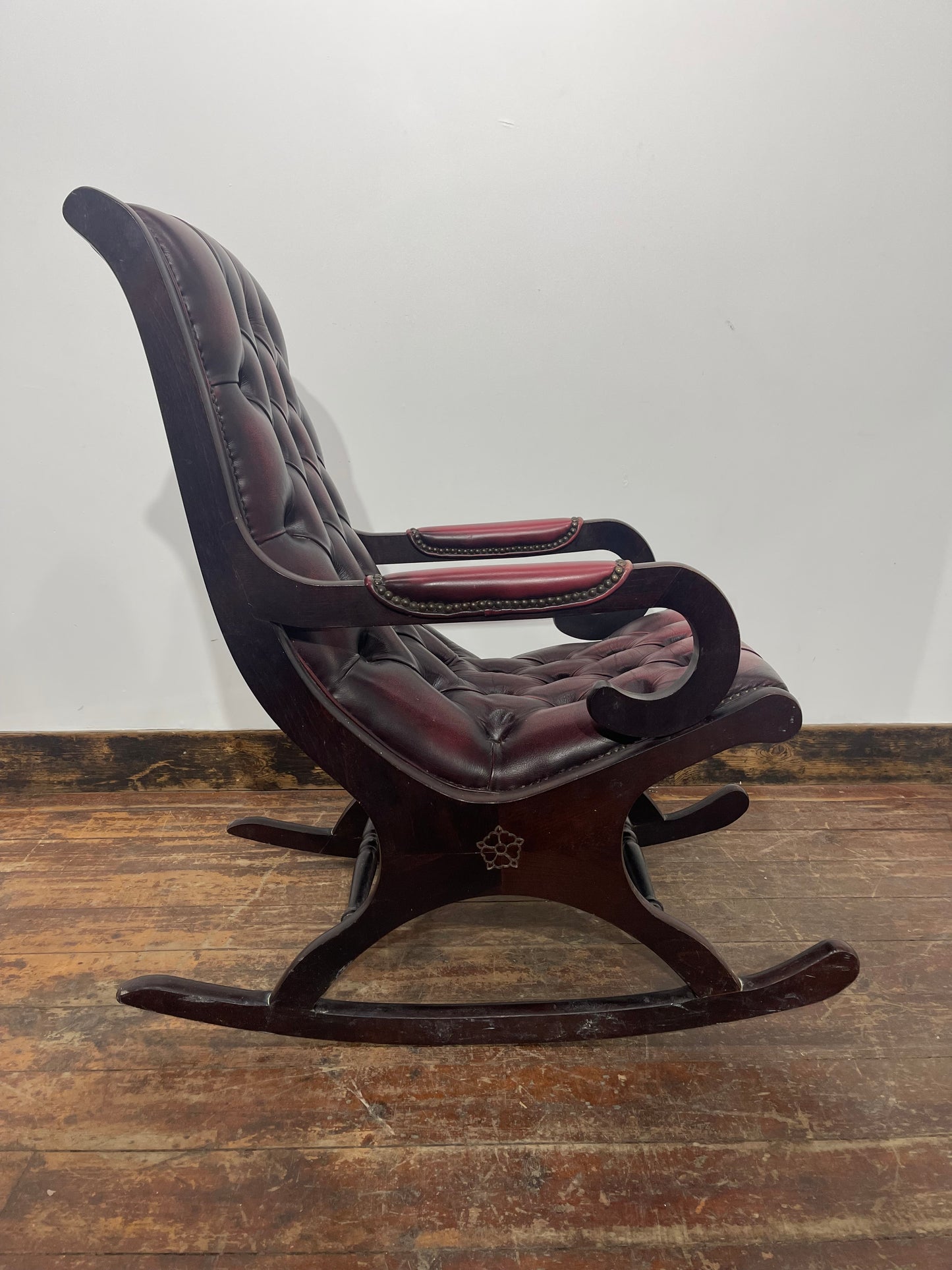 Burgundy Leather Button Back Rocking Chair Wooden Arms