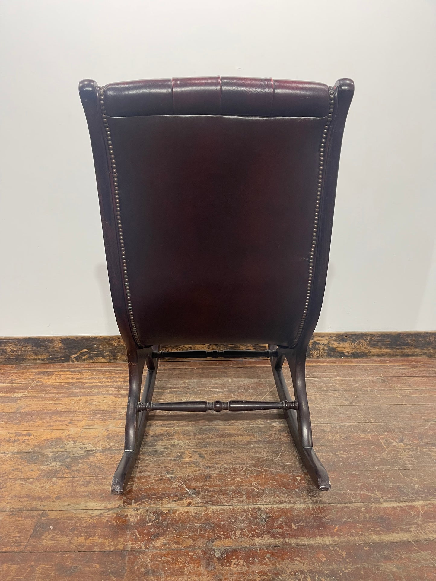Burgundy Leather Button Back Rocking Chair Wooden Arms