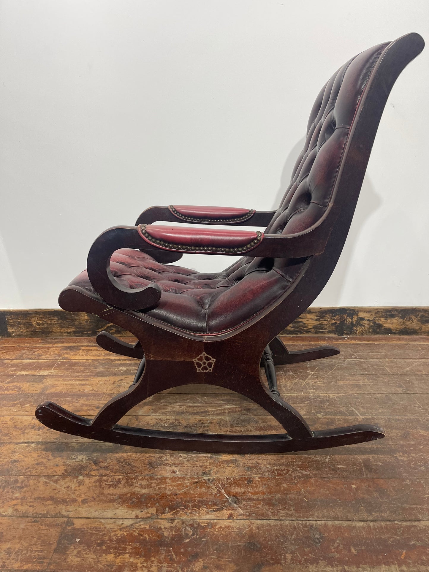 Burgundy Leather Button Back Rocking Chair Wooden Arms