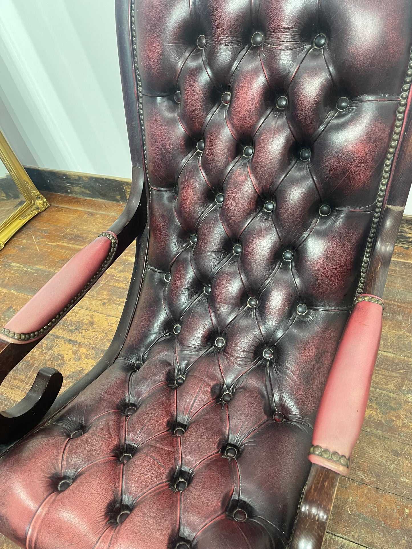 Burgundy Leather Button Back Rocking Chair Wooden Arms