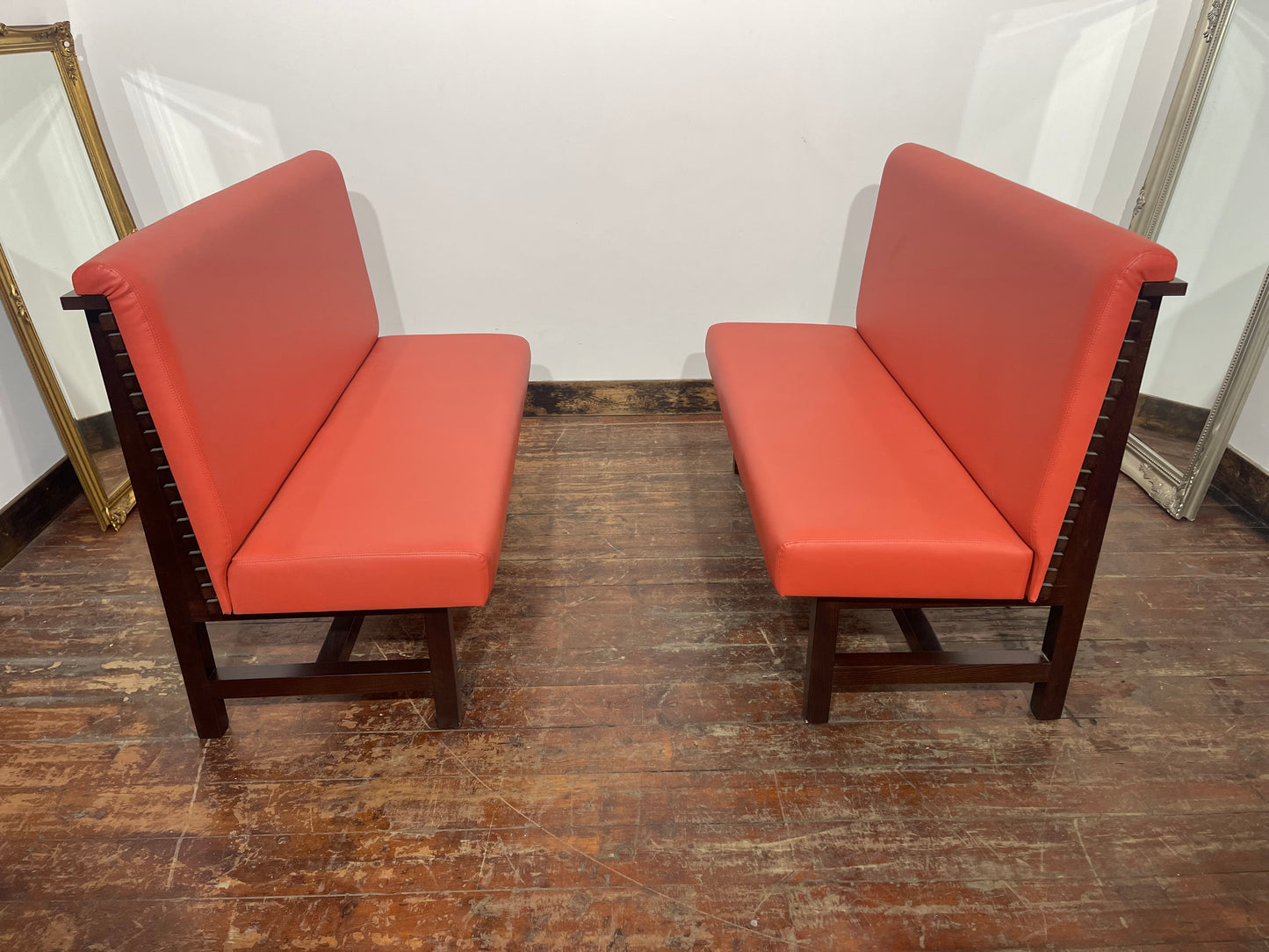 Pair of Red Leather Effect Wooden Booth Seating Benches for Hospitality
