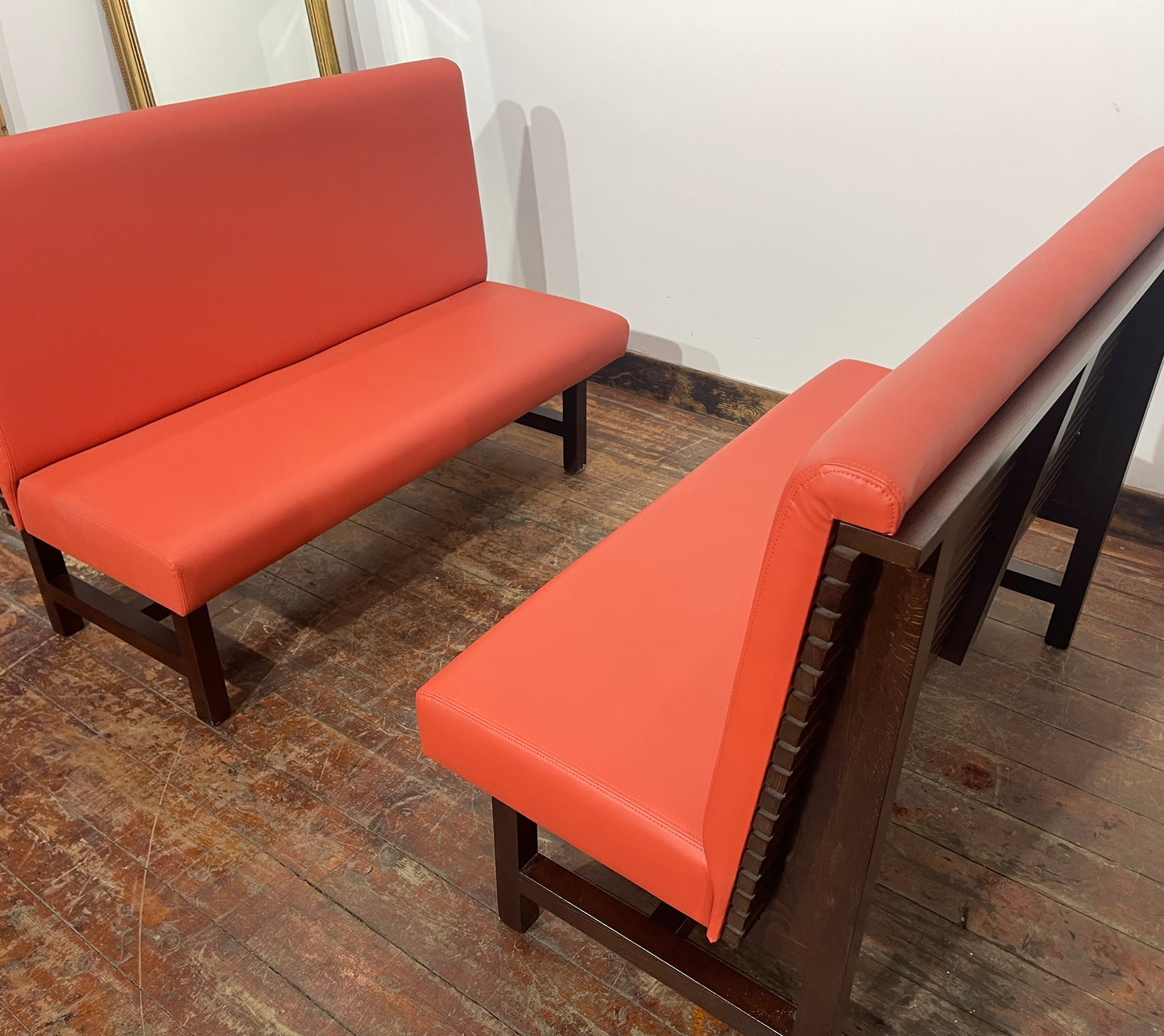 Pair of Red Leather Effect Wooden Booth Seating Benches for Hospitality