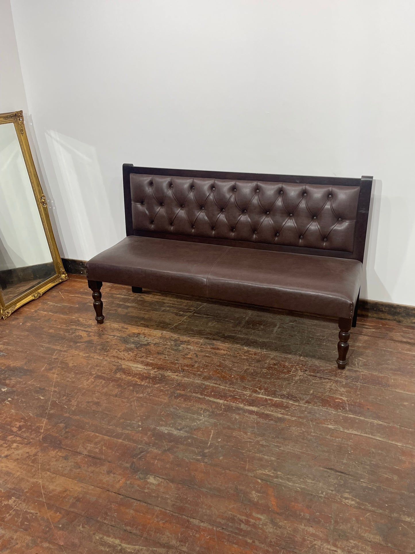 Brown Leather Effect Button Back Bench Sofa Settee Dark Wood Frame Upholstered