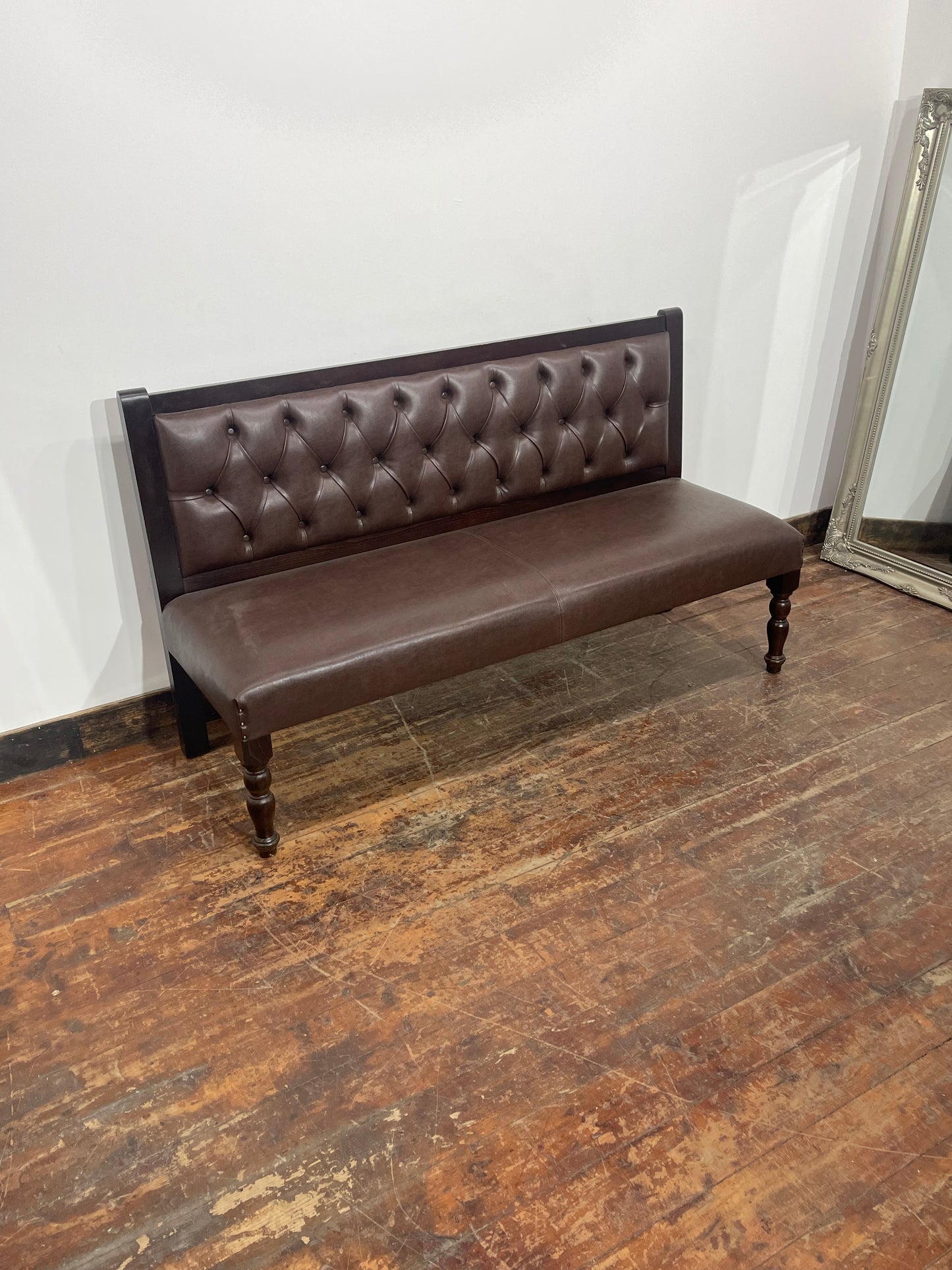 Brown Leather Effect Button Back Bench Sofa Settee Dark Wood Frame Upholstered