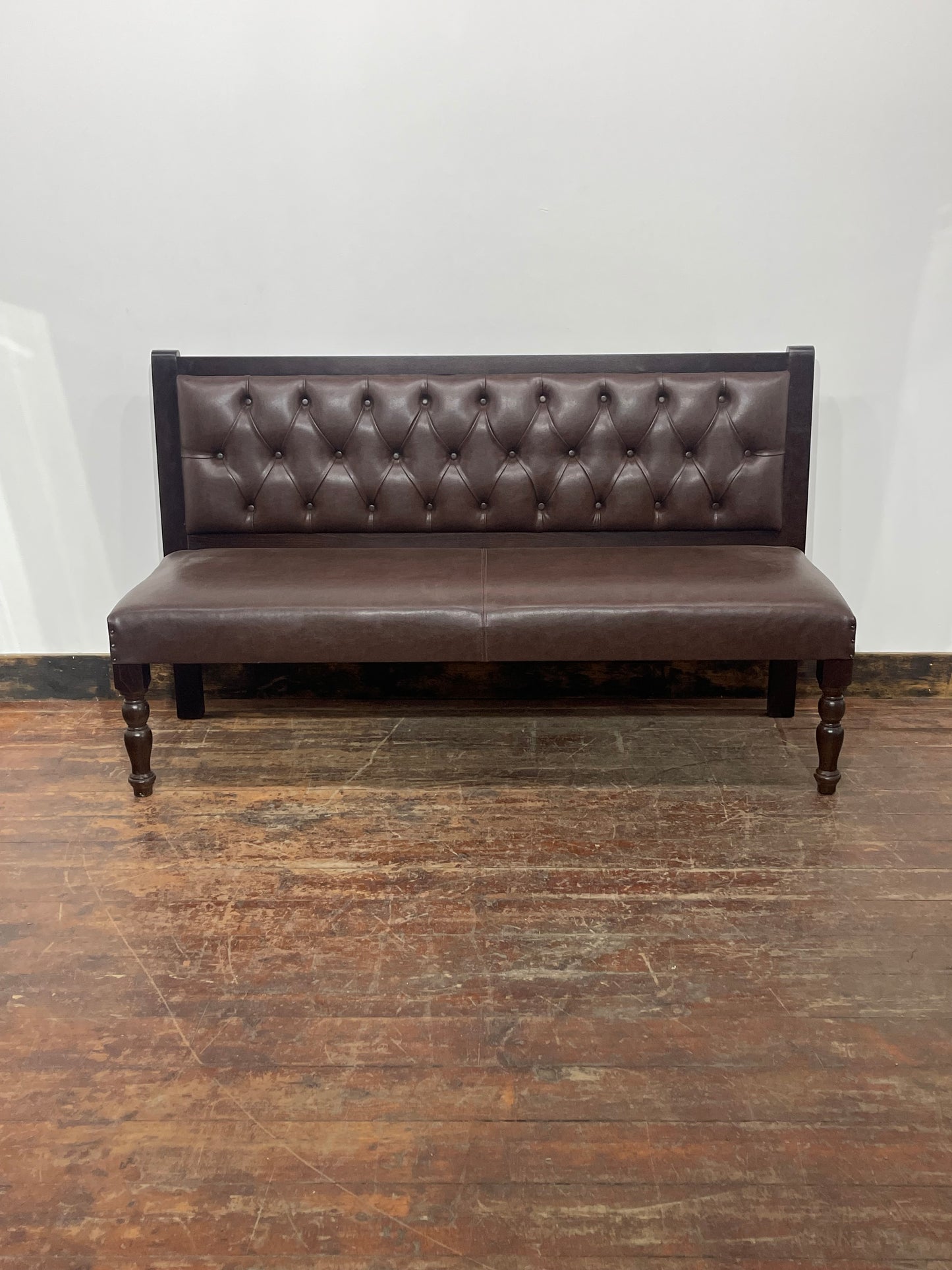 Brown Leather Effect Button Back Bench Sofa Settee Dark Wood Frame Upholstered