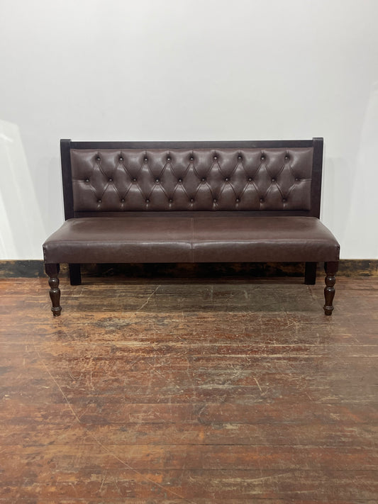 Brown Leather Effect Button Back Bench Sofa Settee Dark Wood Frame Upholstered