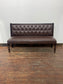 Brown Leather Effect Button Back Bench Sofa Settee Dark Wood Frame Upholstered