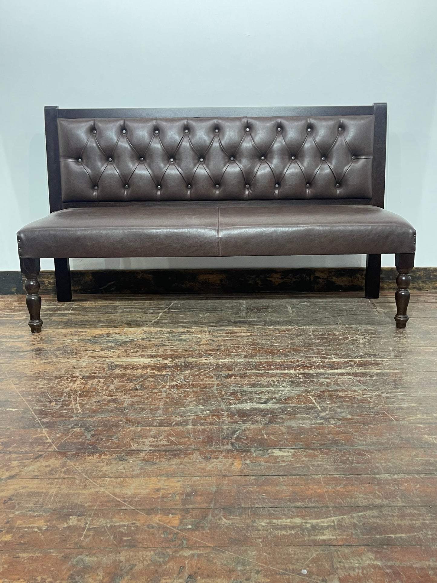 Brown Leather Effect Button Back Bench Sofa Settee Dark Wood Frame Upholstered