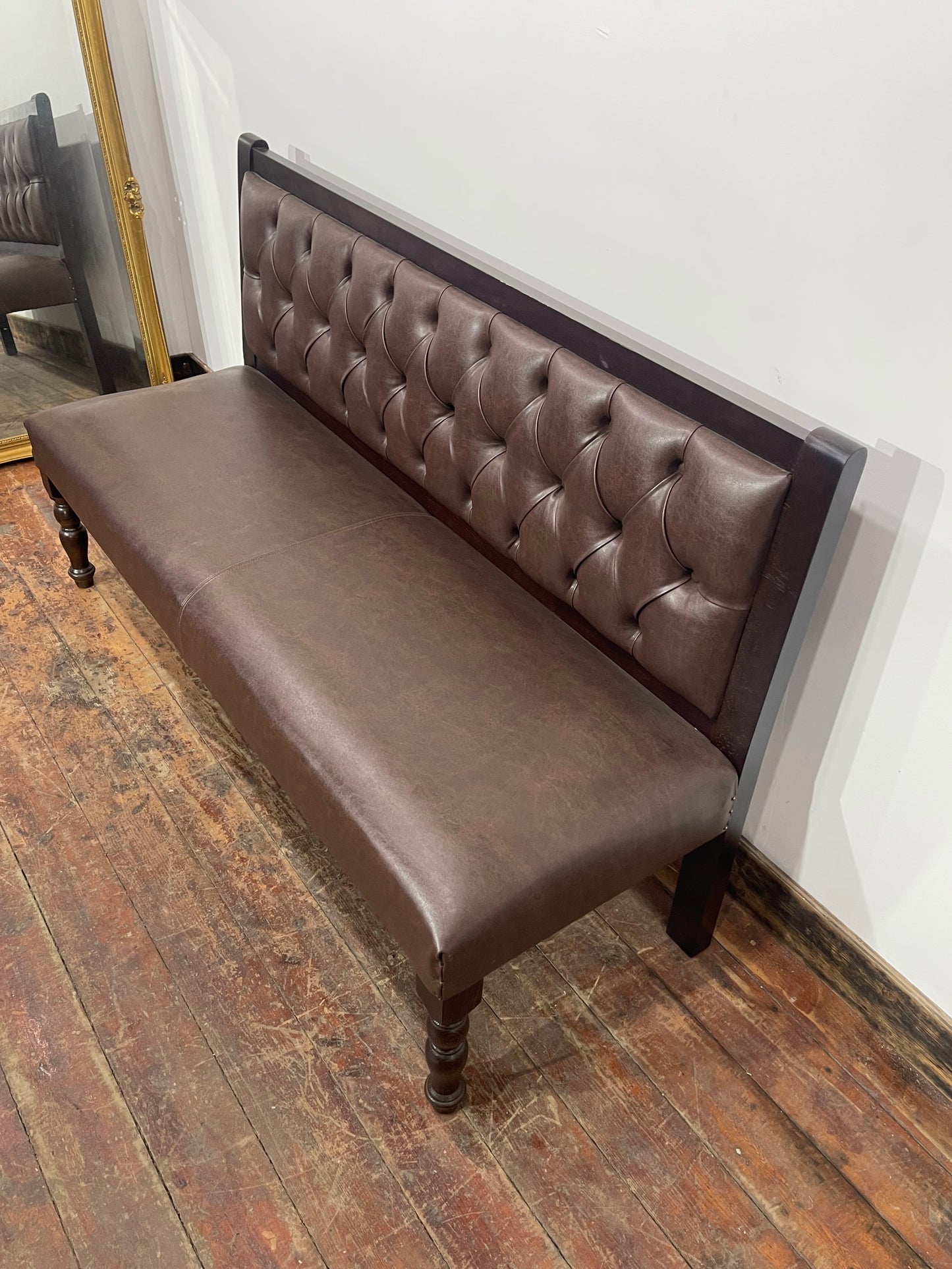 Brown Leather Effect Button Back Bench Sofa Settee Dark Wood Frame Upholstered