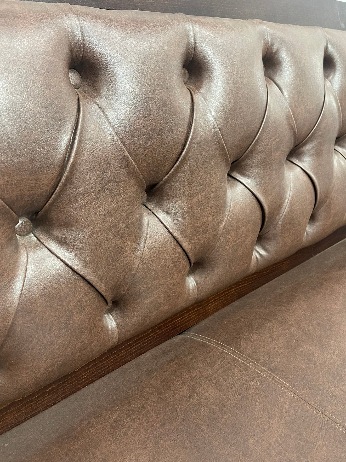 Brown Leather Effect Button Back Bench Sofa Settee Dark Wood Frame Upholstered
