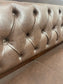 Brown Leather Effect Button Back Bench Sofa Settee Dark Wood Frame Upholstered