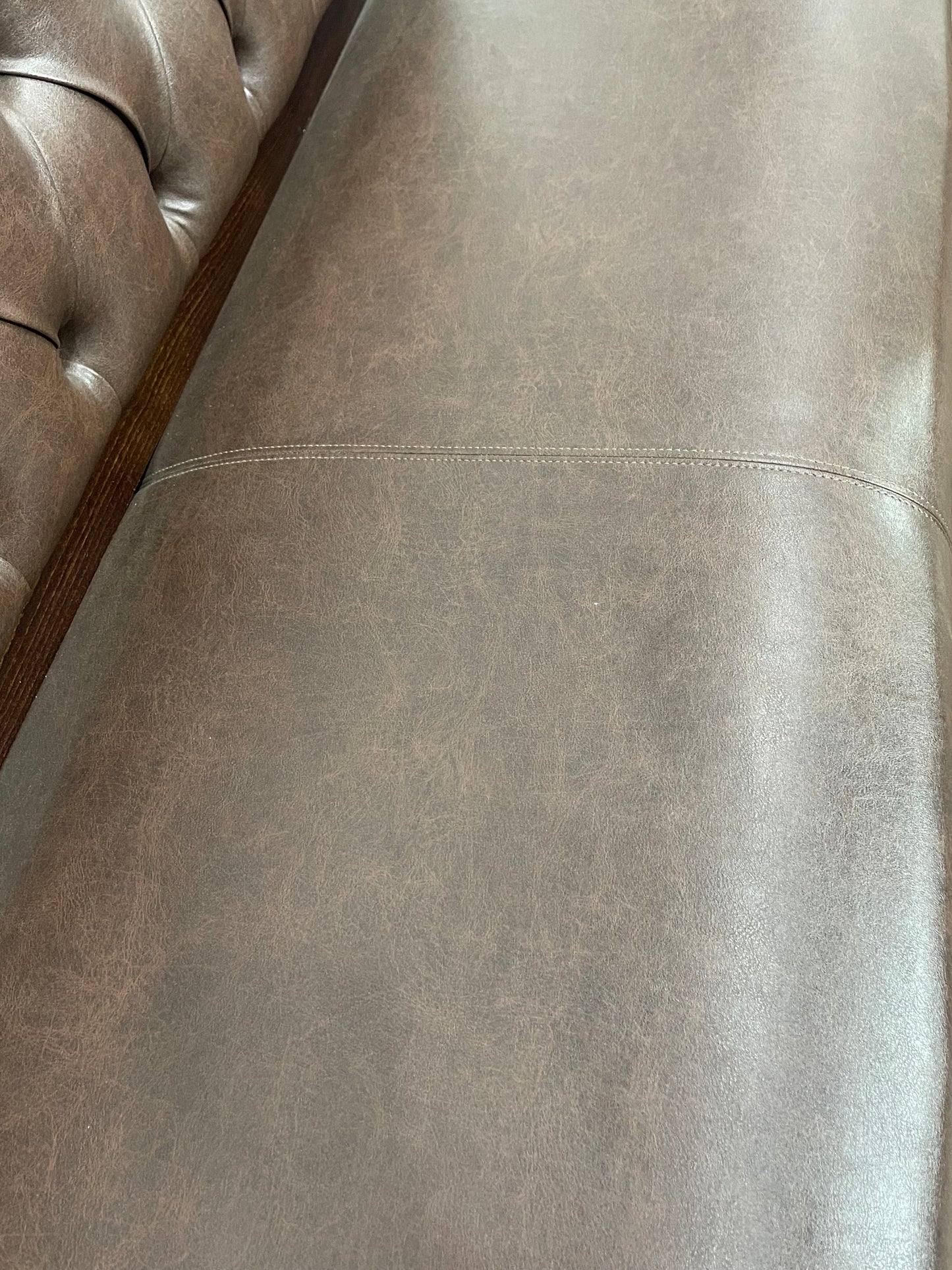 Brown Leather Effect Button Back Bench Sofa Settee Dark Wood Frame Upholstered