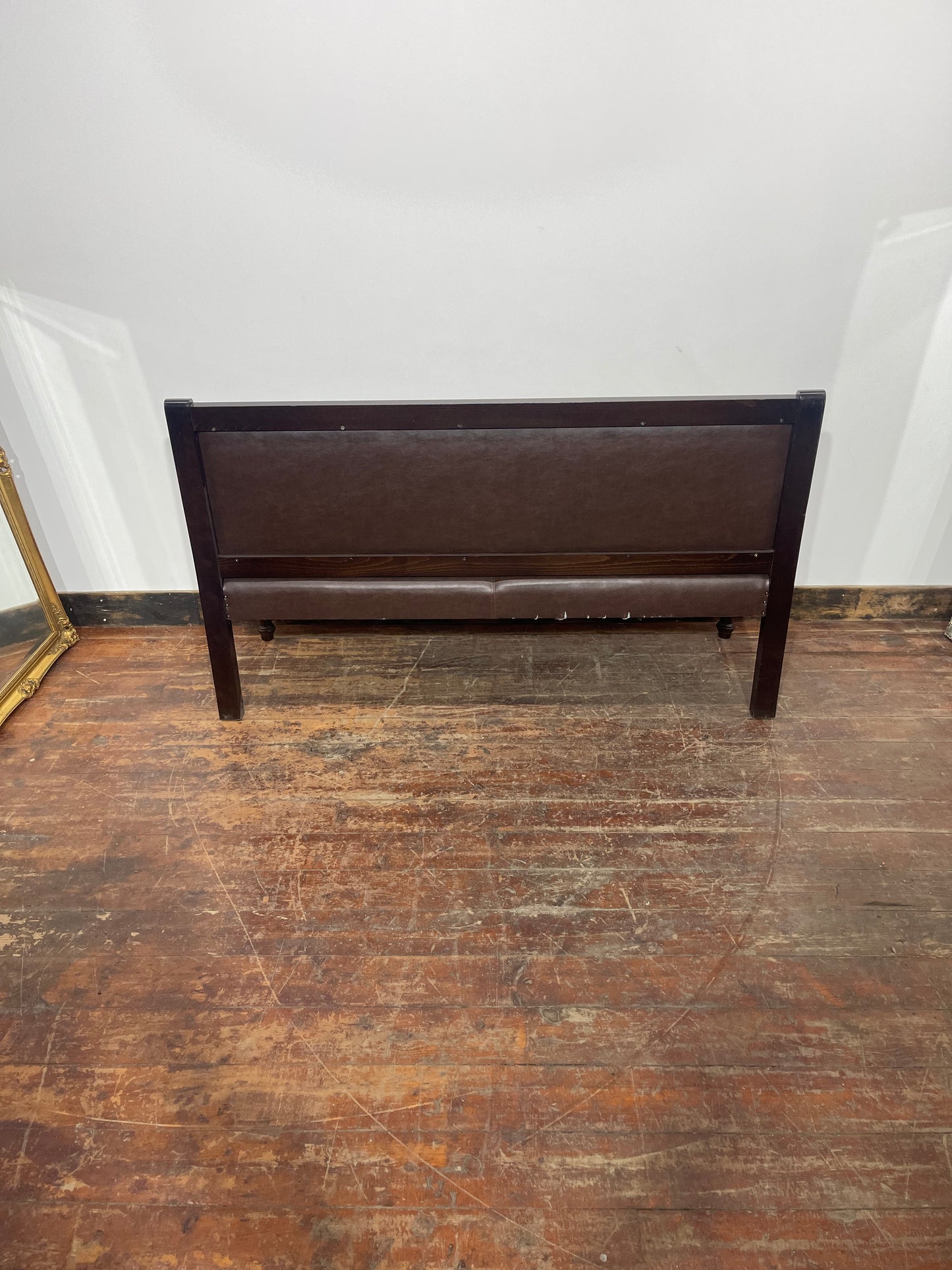 Brown Leather Effect Button Back Bench Sofa Settee Dark Wood Frame Upholstered