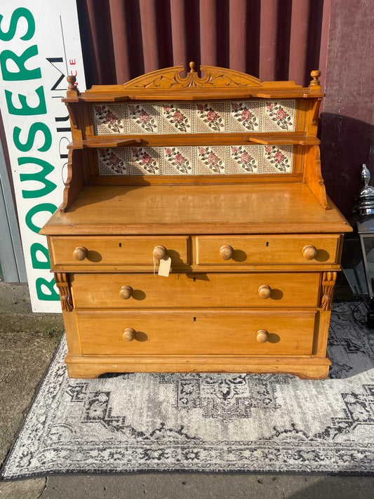 Antique Victorian Pine Dresser with Floral Tile Back c.1880–1910