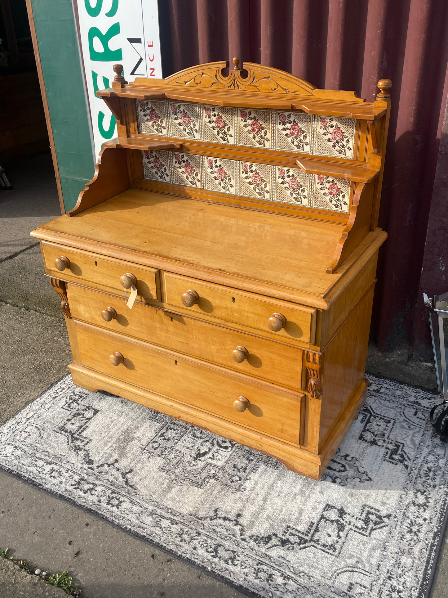 Antique Victorian Pine Dresser with Floral Tile Back c.1880–1910
