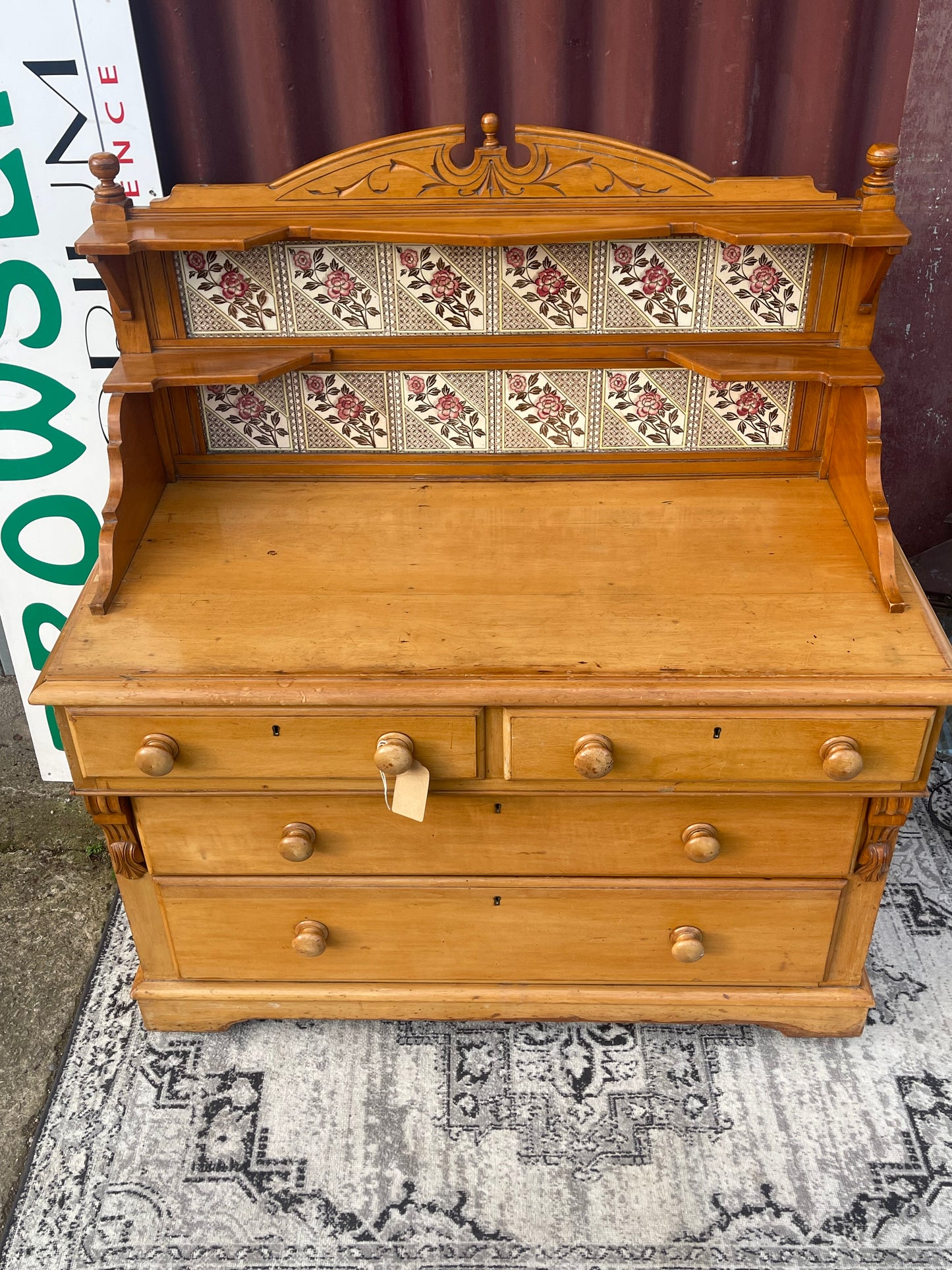 Antique Victorian Pine Dresser with Floral Tile Back c.1880–1910
