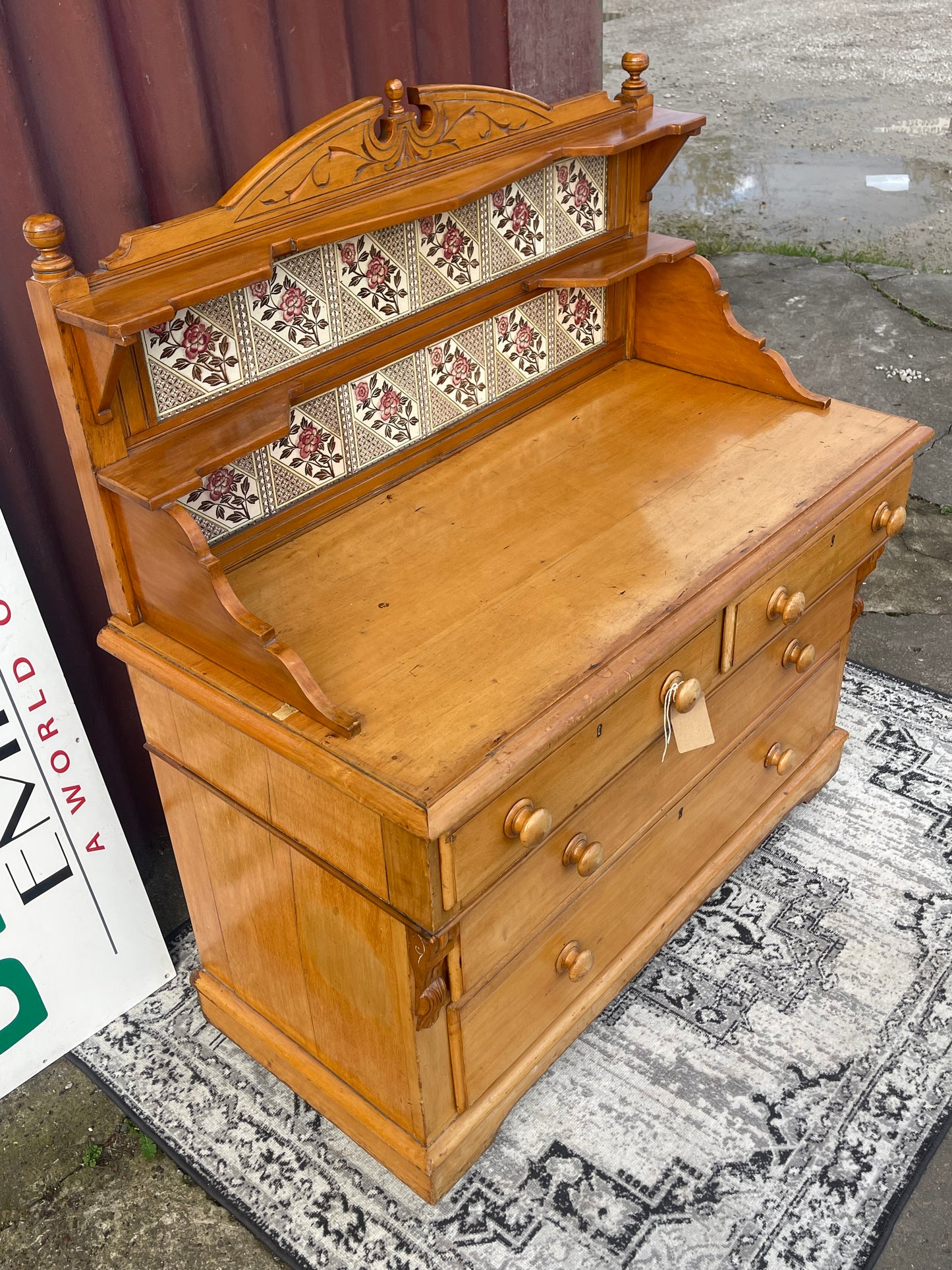 Antique Victorian Pine Dresser with Floral Tile Back c.1880–1910