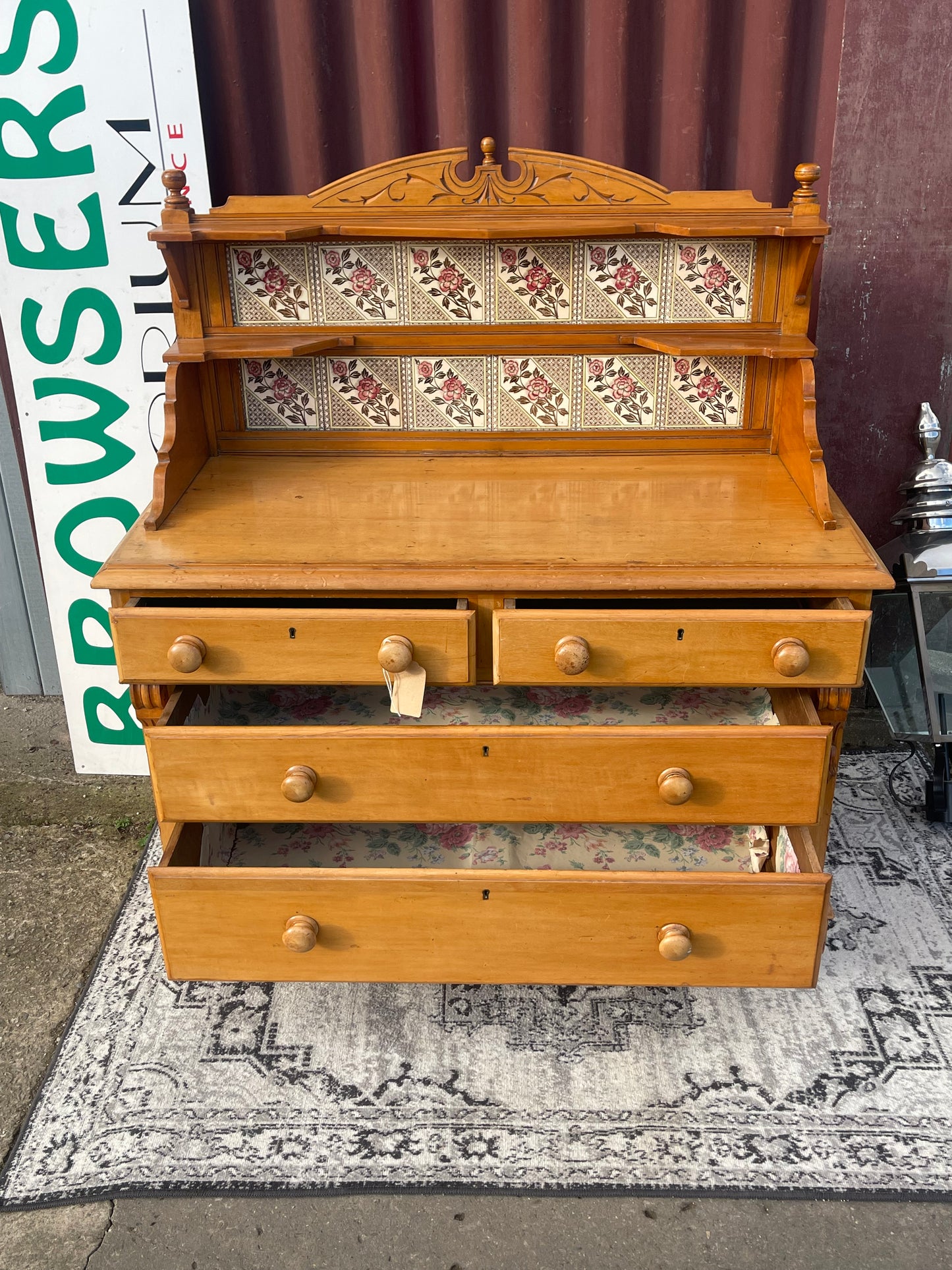 Antique Victorian Pine Dresser with Floral Tile Back c.1880–1910