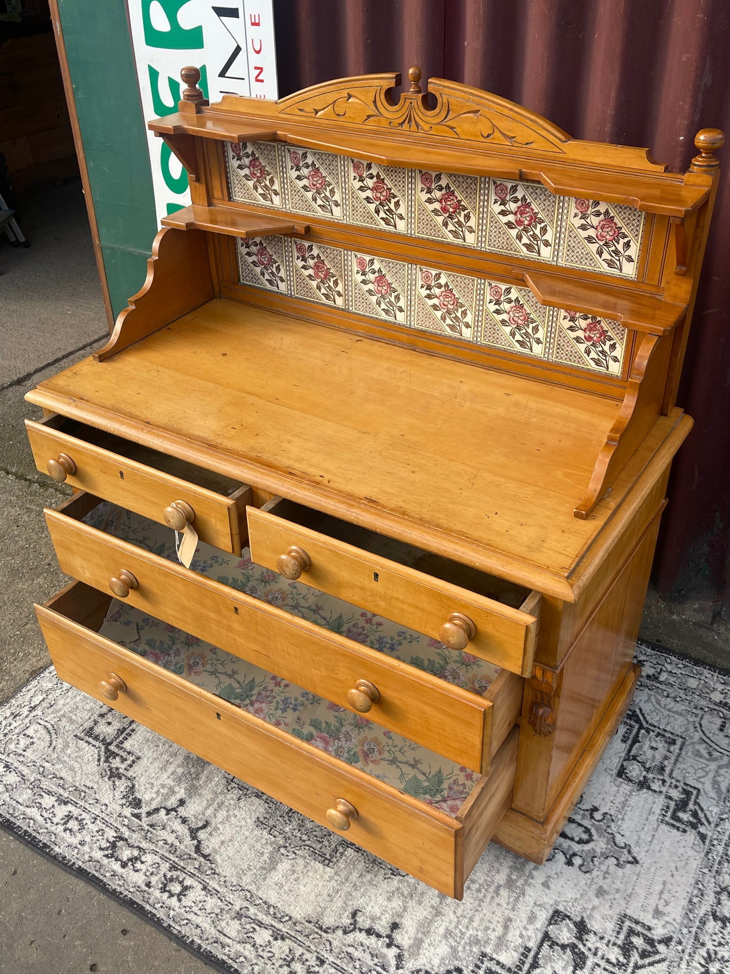 Antique Victorian Pine Dresser with Floral Tile Back c.1880–1910