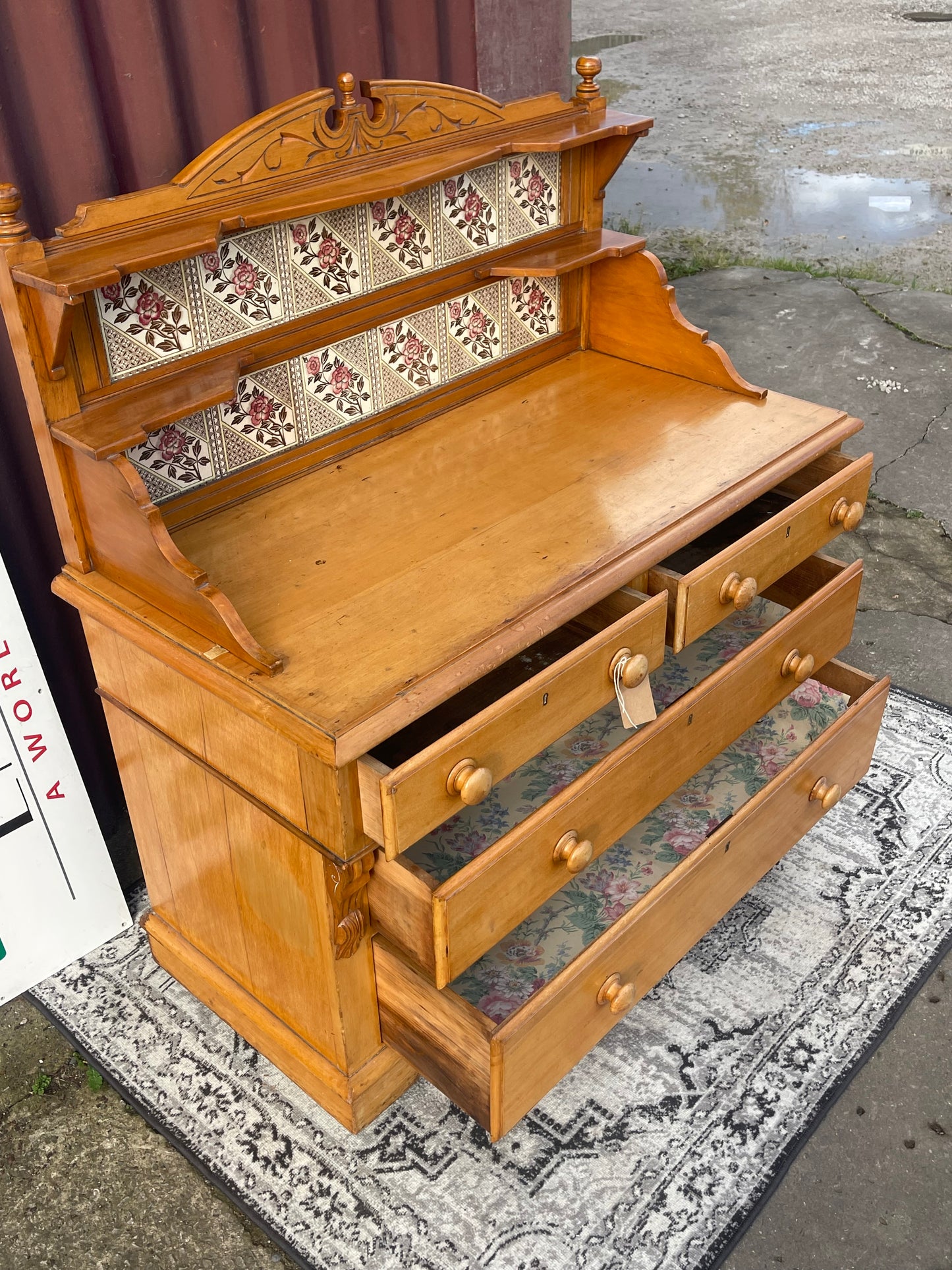 Antique Victorian Pine Dresser with Floral Tile Back c.1880–1910