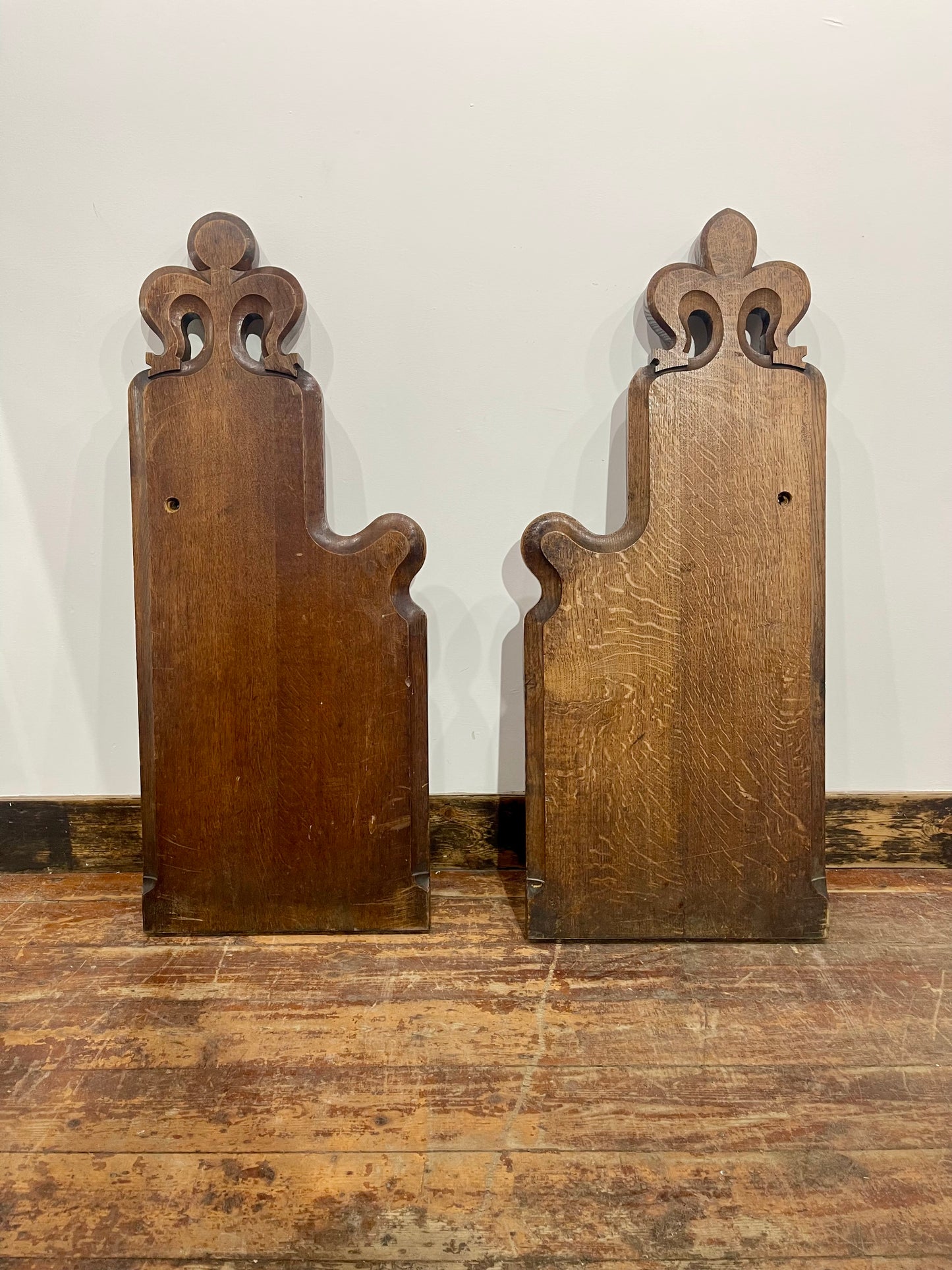 Pair Antique Church Pew Ends Oak Carved Fleur de Lis Ecclesiastical Salvage