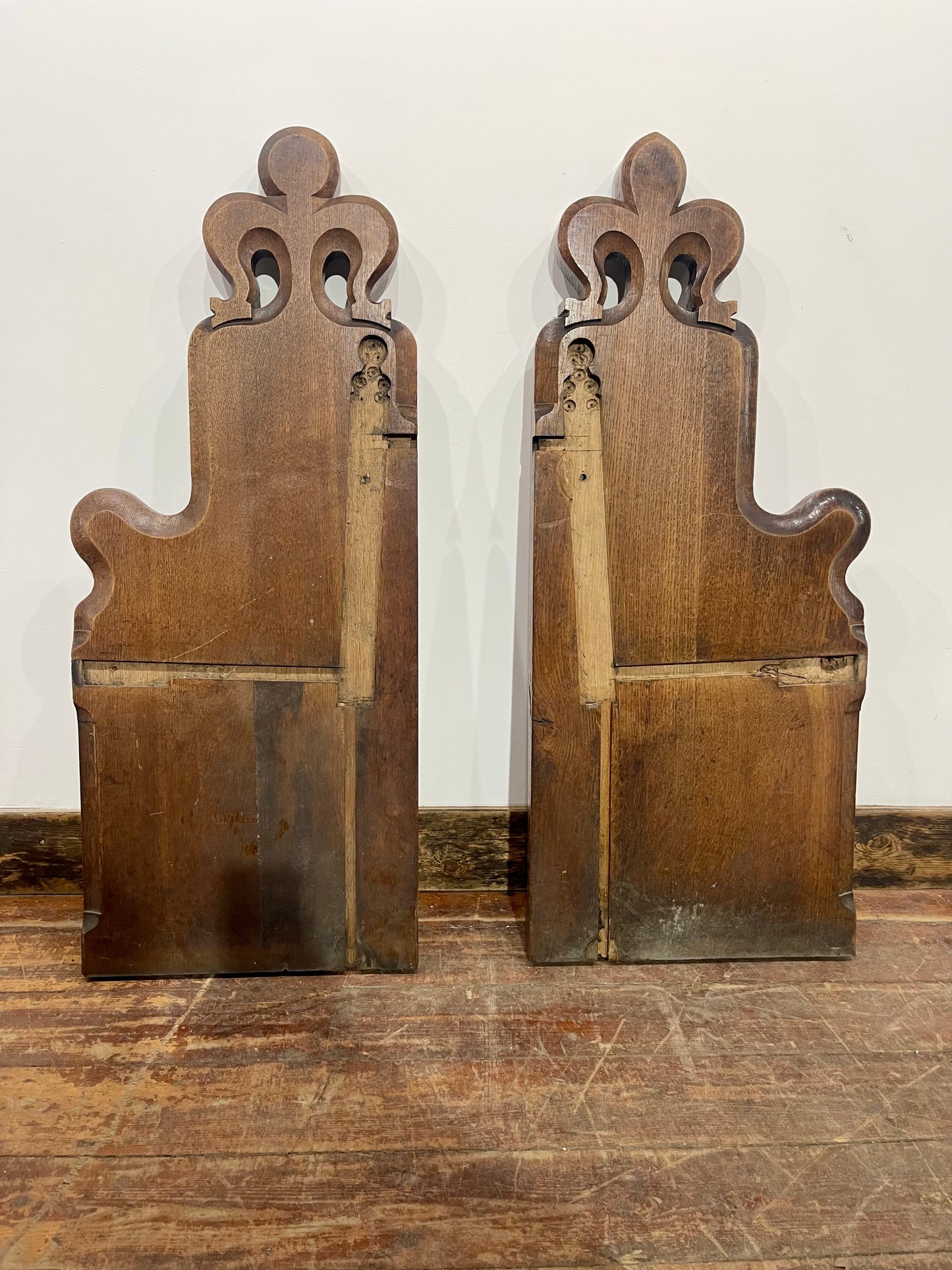 Pair Antique Church Pew Ends Oak Carved Fleur de Lis Ecclesiastical Salvage