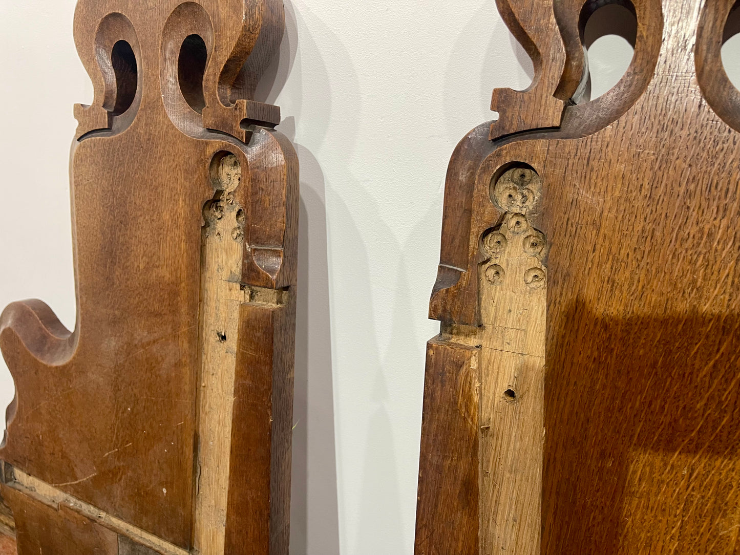 Pair Antique Church Pew Ends Oak Carved Fleur de Lis Ecclesiastical Salvage