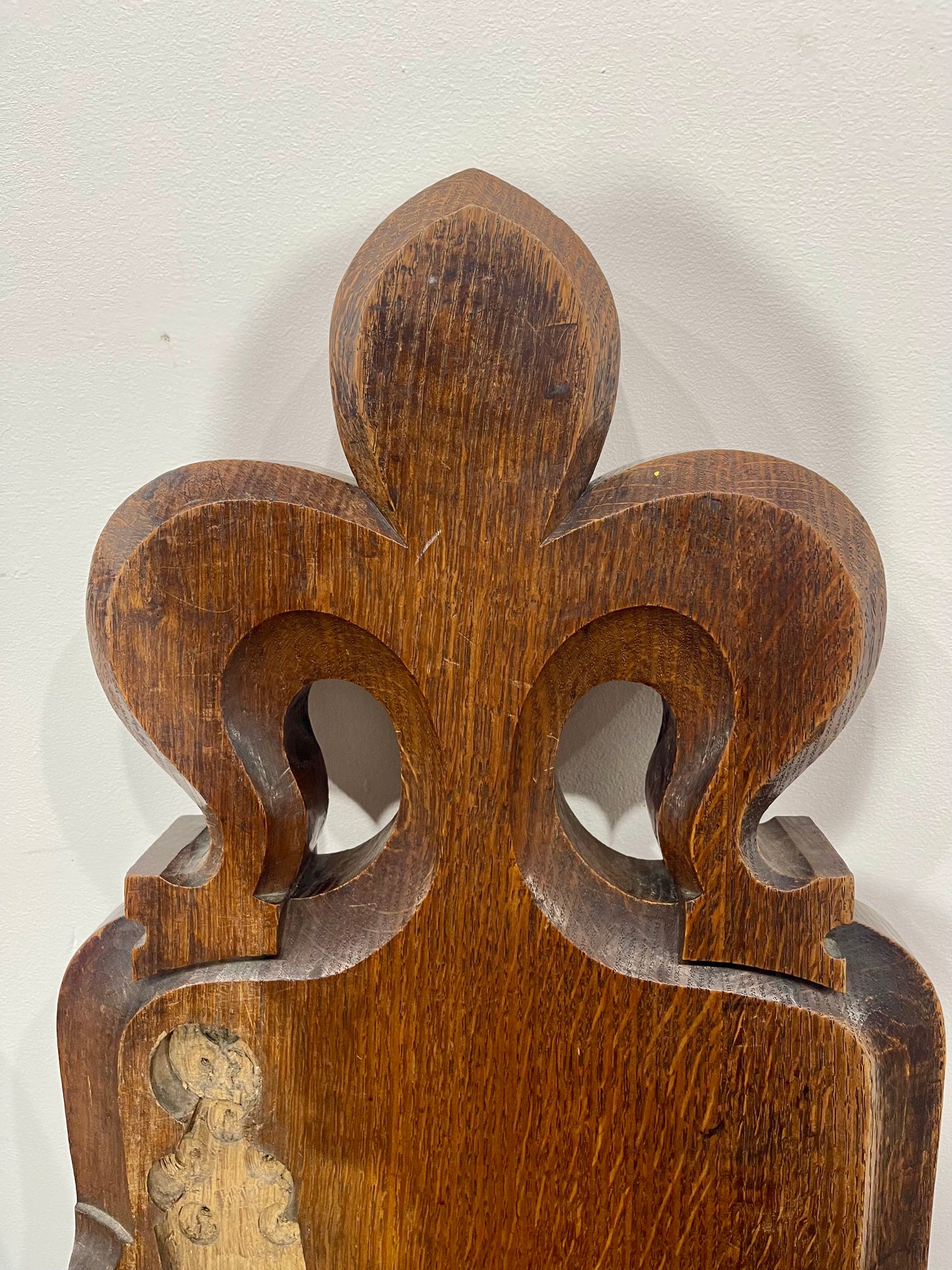 Pair Antique Church Pew Ends Oak Carved Fleur de Lis Ecclesiastical Salvage