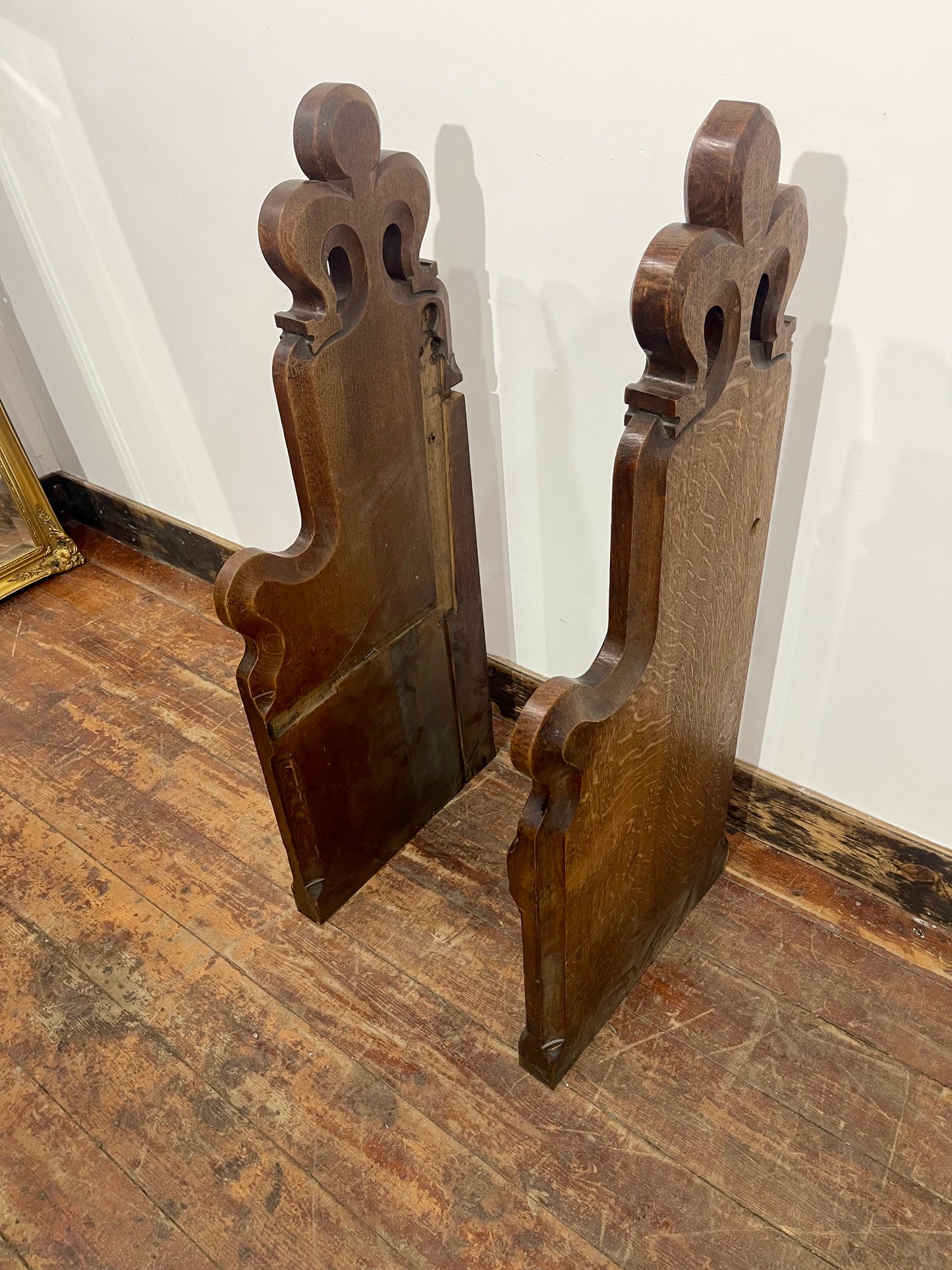 Pair Antique Church Pew Ends Oak Carved Fleur de Lis Ecclesiastical Salvage