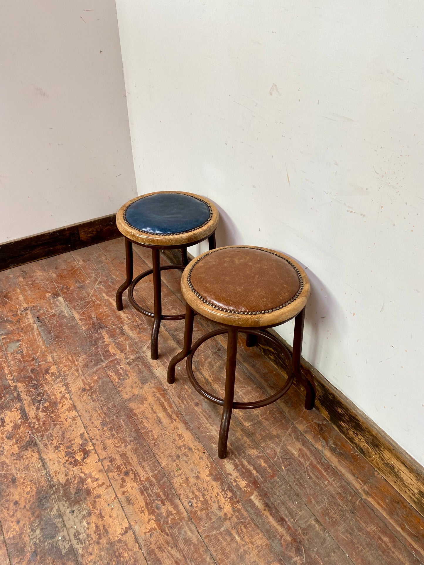 Pair of low / short bar stools with metal frames