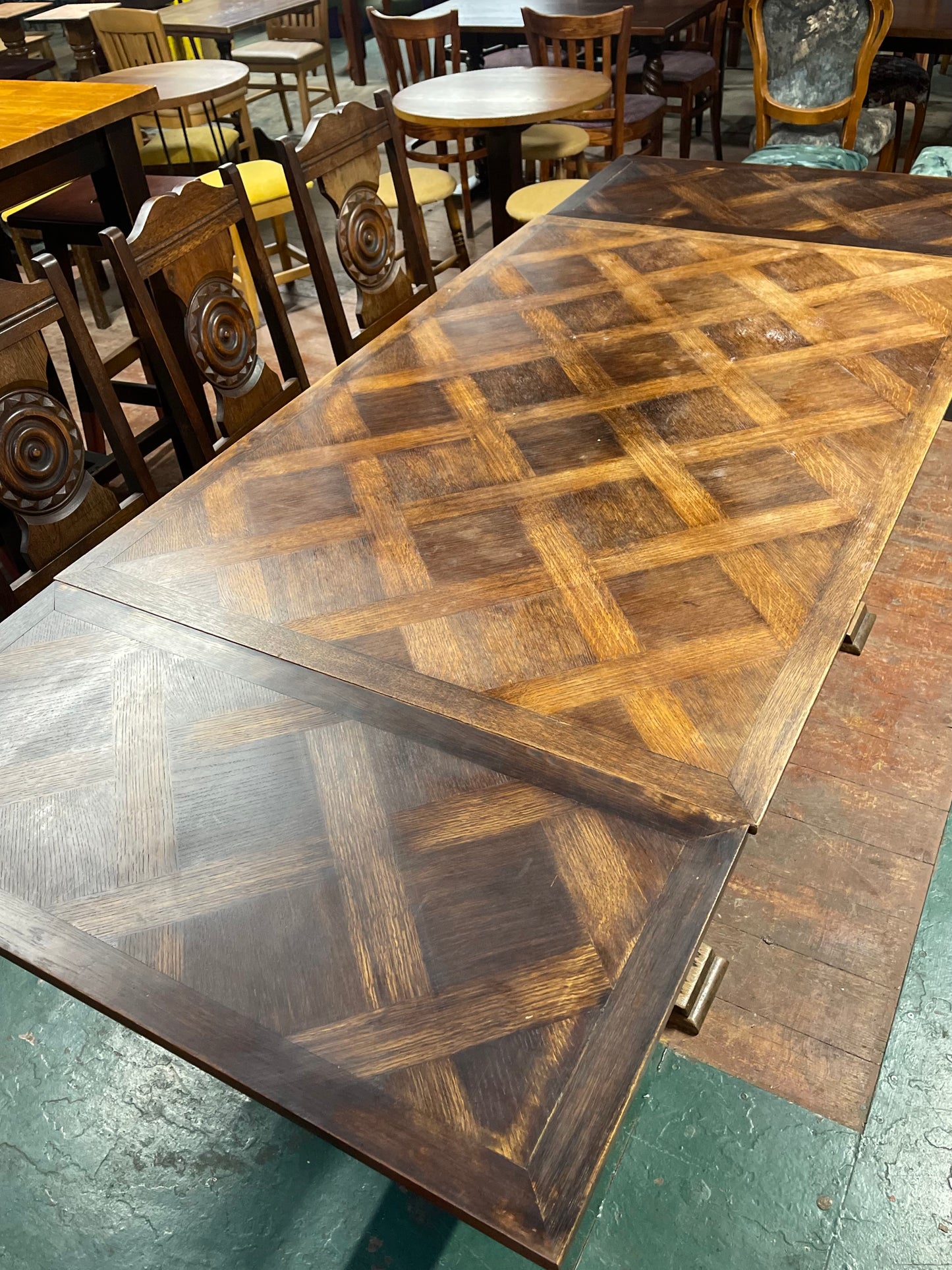 French antique solid wood extending dining table and 6 chairs