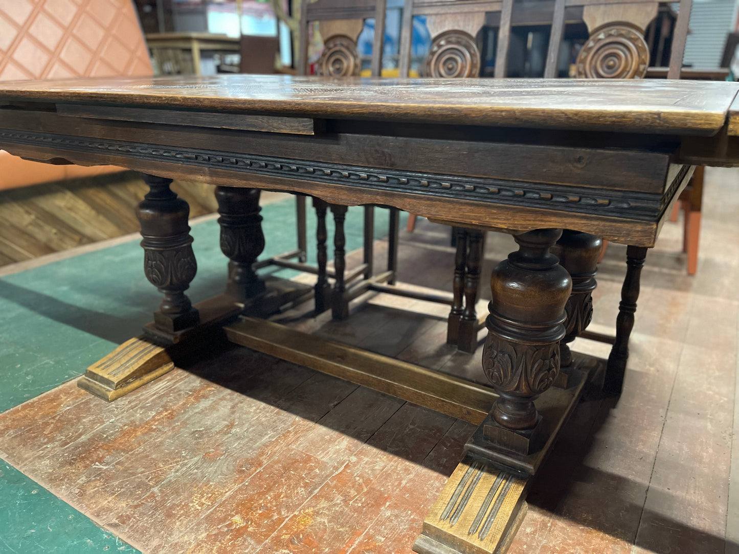 French antique solid wood extending dining table and 6 chairs