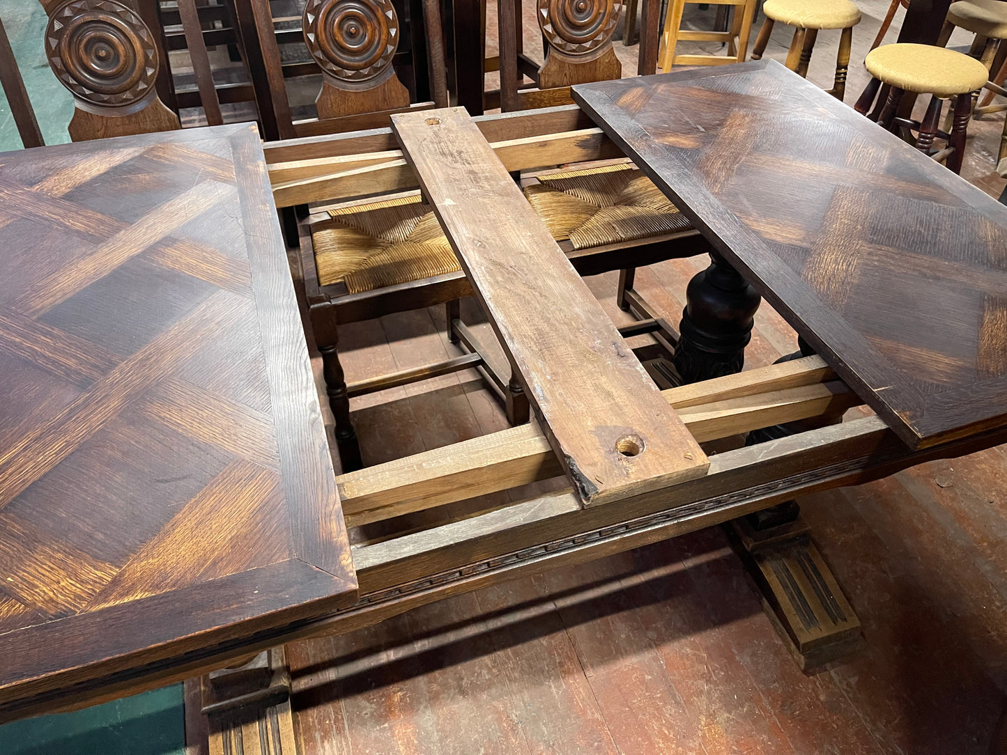 French antique solid wood extending dining table and 6 chairs