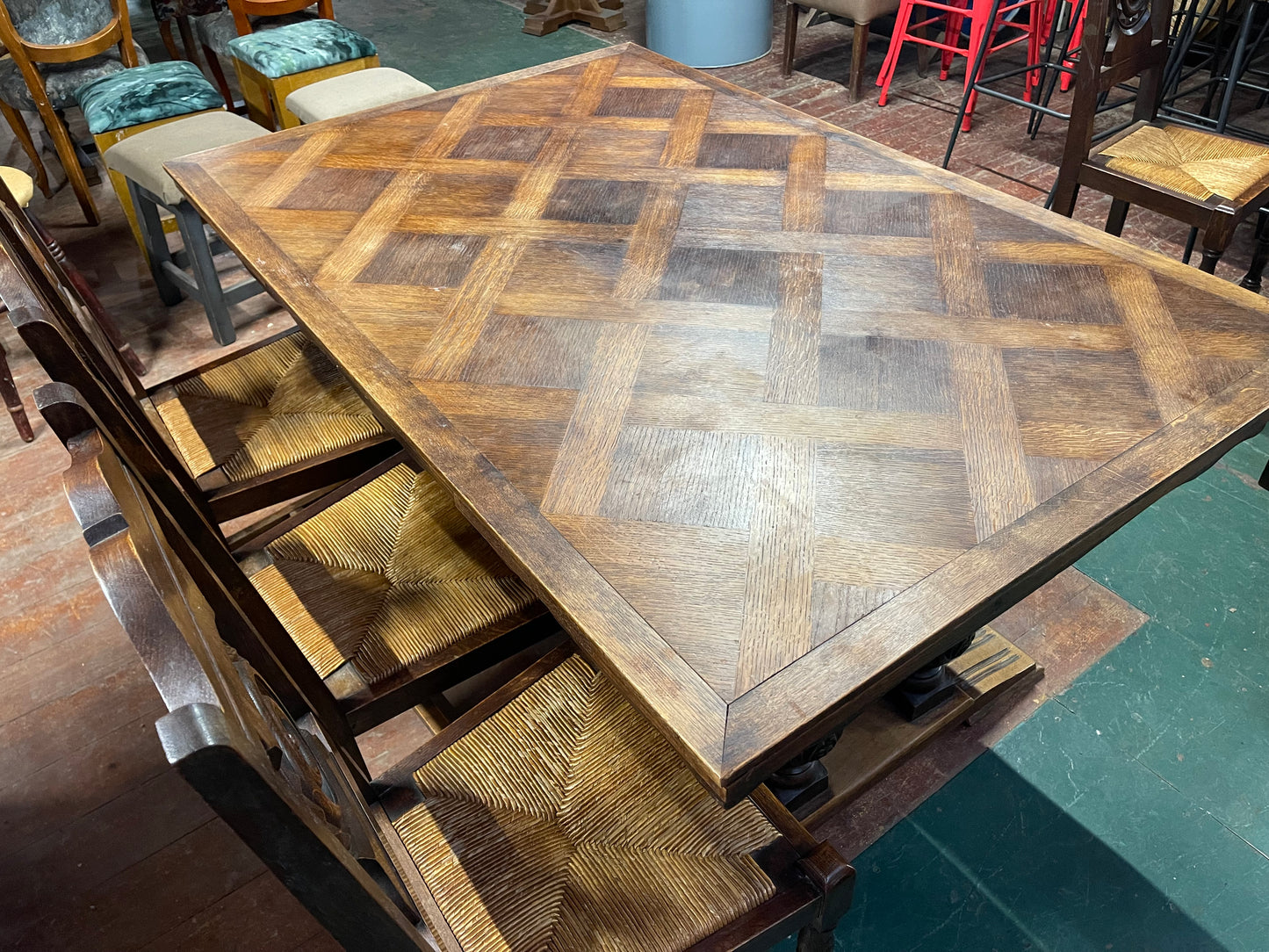 French antique solid wood extending dining table and 6 chairs