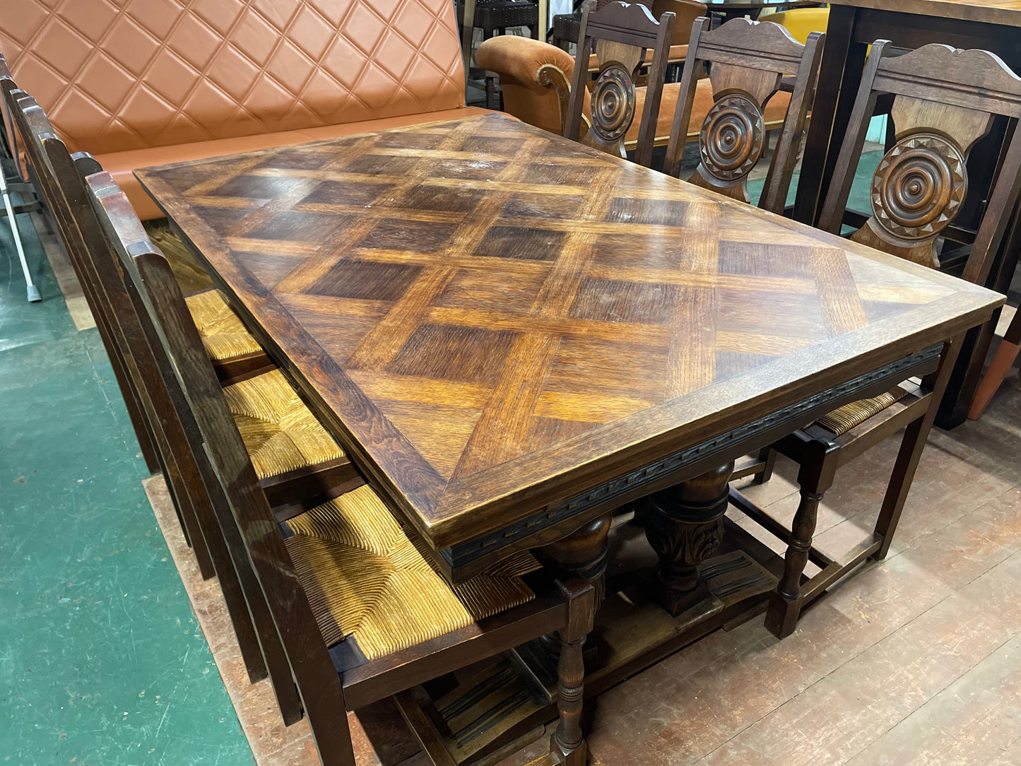 French antique solid wood extending dining table and 6 chairs