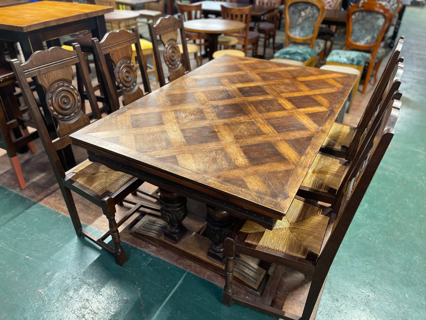 French antique solid wood extending dining table and 6 chairs