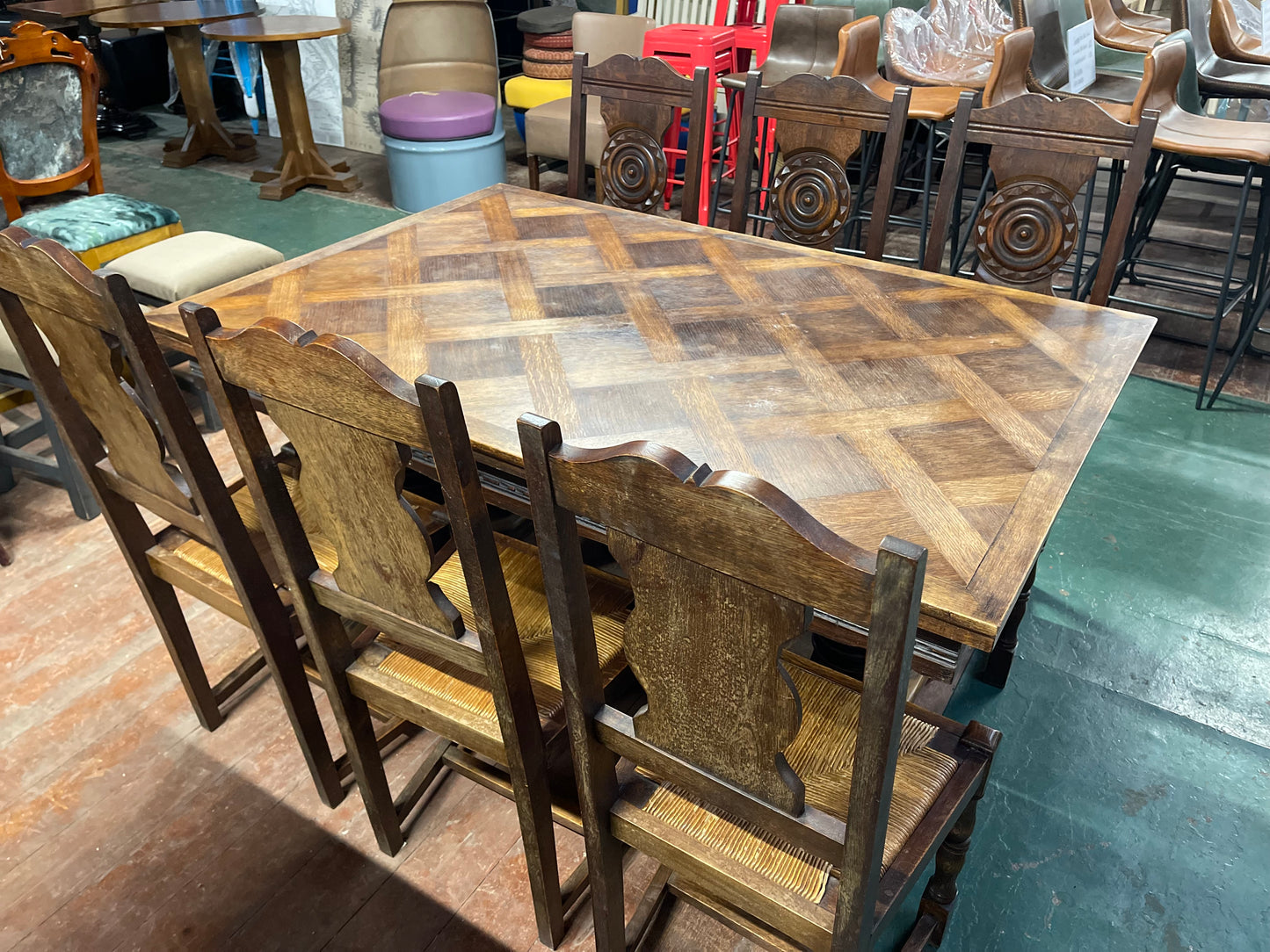 French antique solid wood extending dining table and 6 chairs